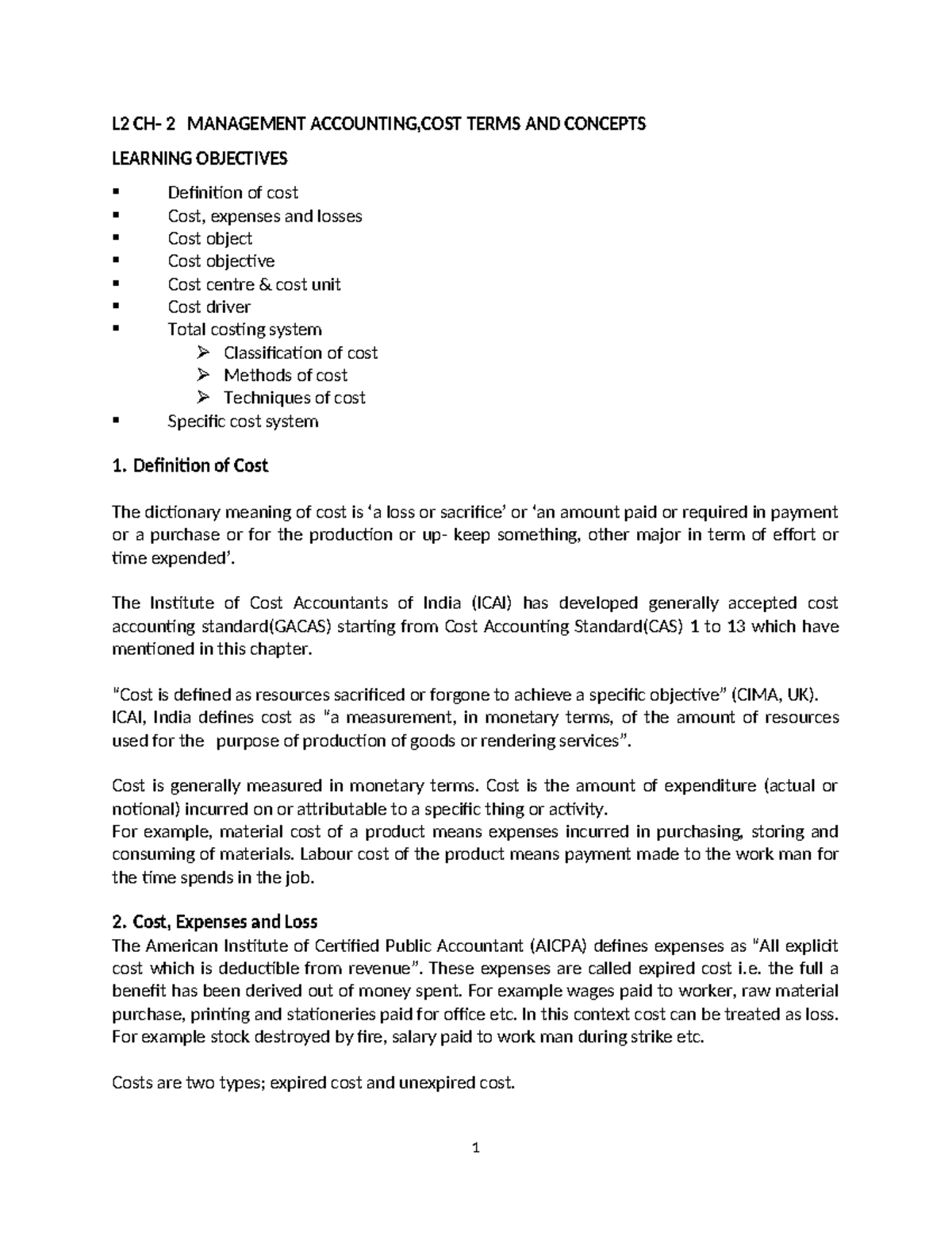 CH-2 MA COST Terms AND Concepts - L2 CH- 2 MANAGEMENT ACCOUNTING,COST ...