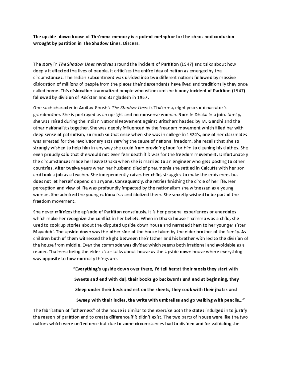 Assignment on The Shadow Lines: Tha’mma - Document Preview