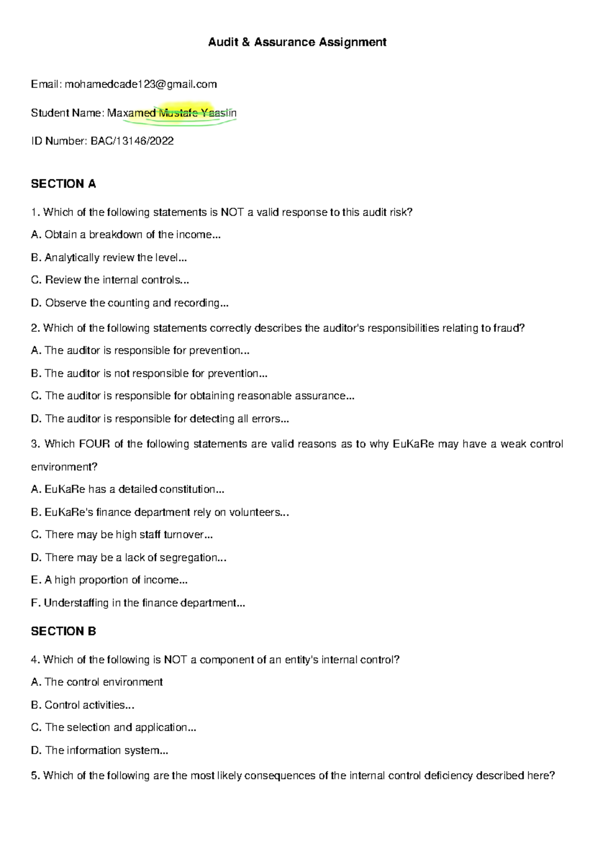 Audit Assurance Assignment Questions - Section A to C - Studocu