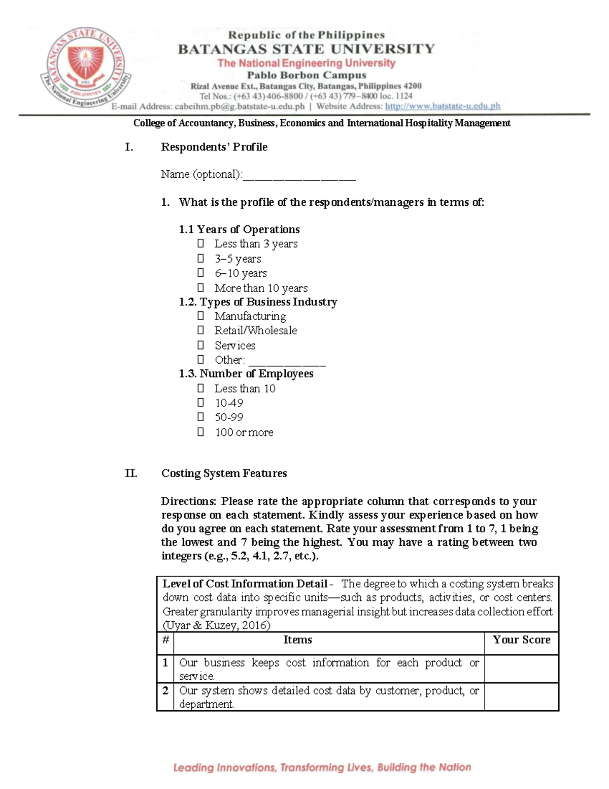 Costing System Assessment Questionnaire - College of Accountancy ...