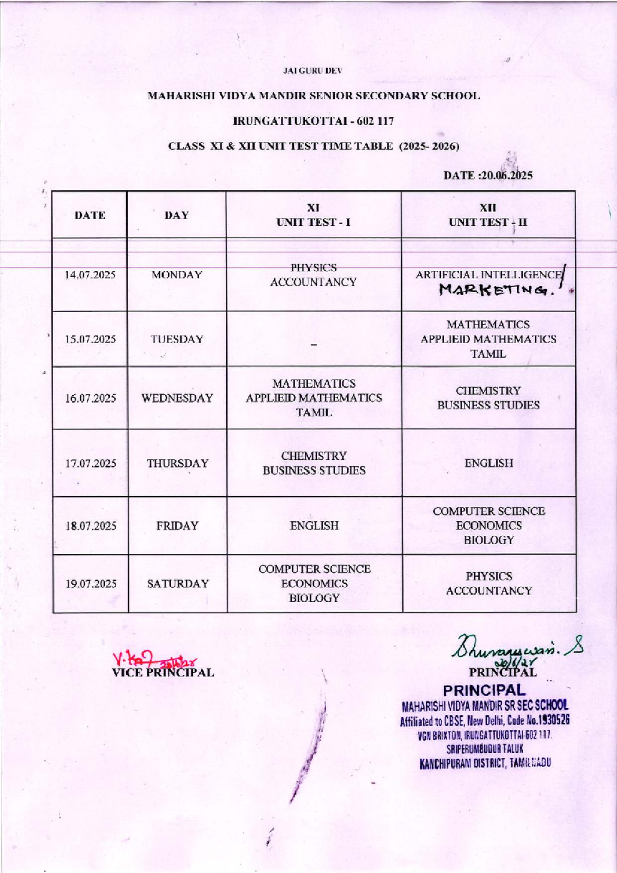 Class XI & XII Unit Test Time Table (2025) - Studocu