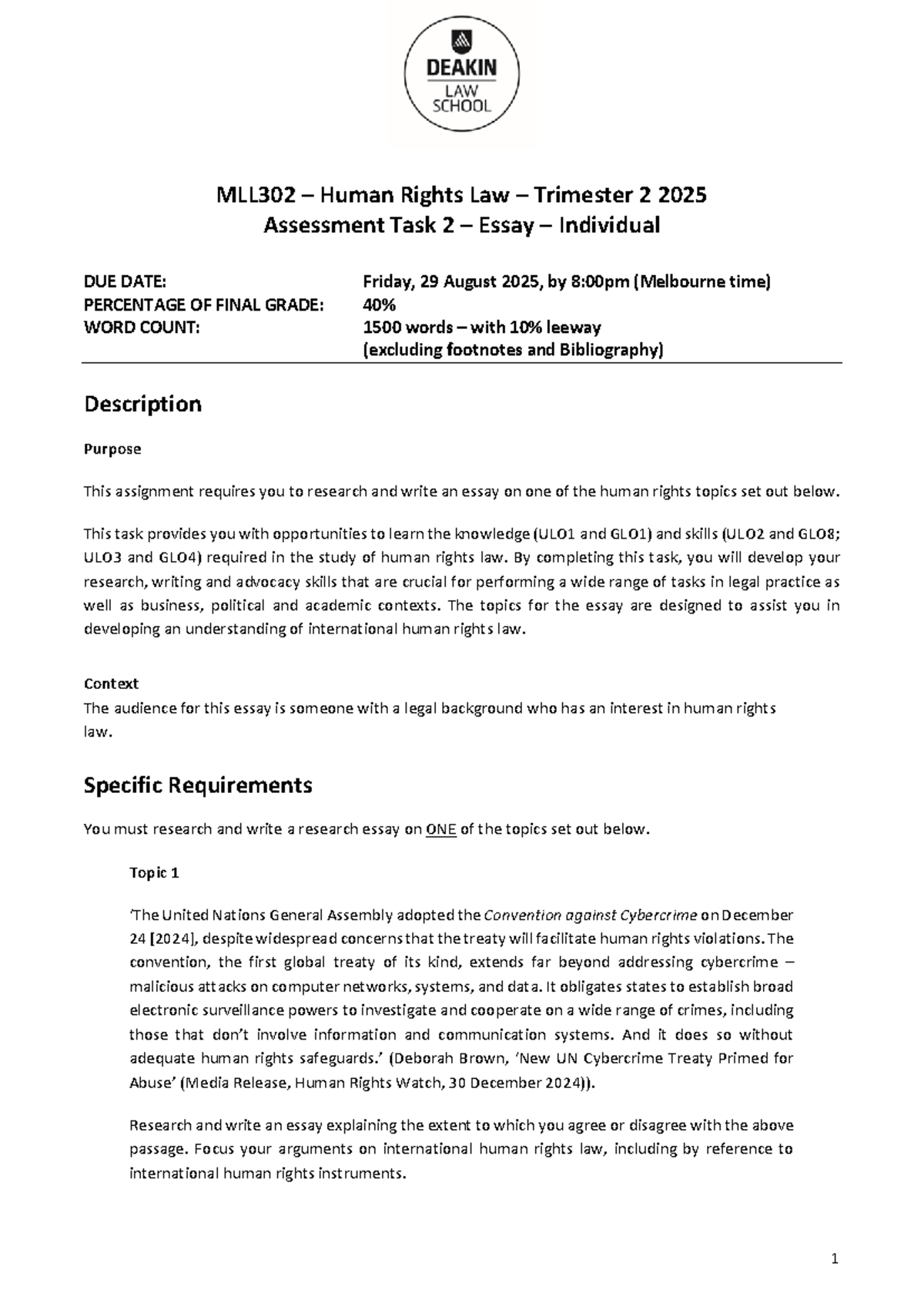MLL302 T2 2025 Human Rights Law Assessment Task 2 Essay Guidelines ...