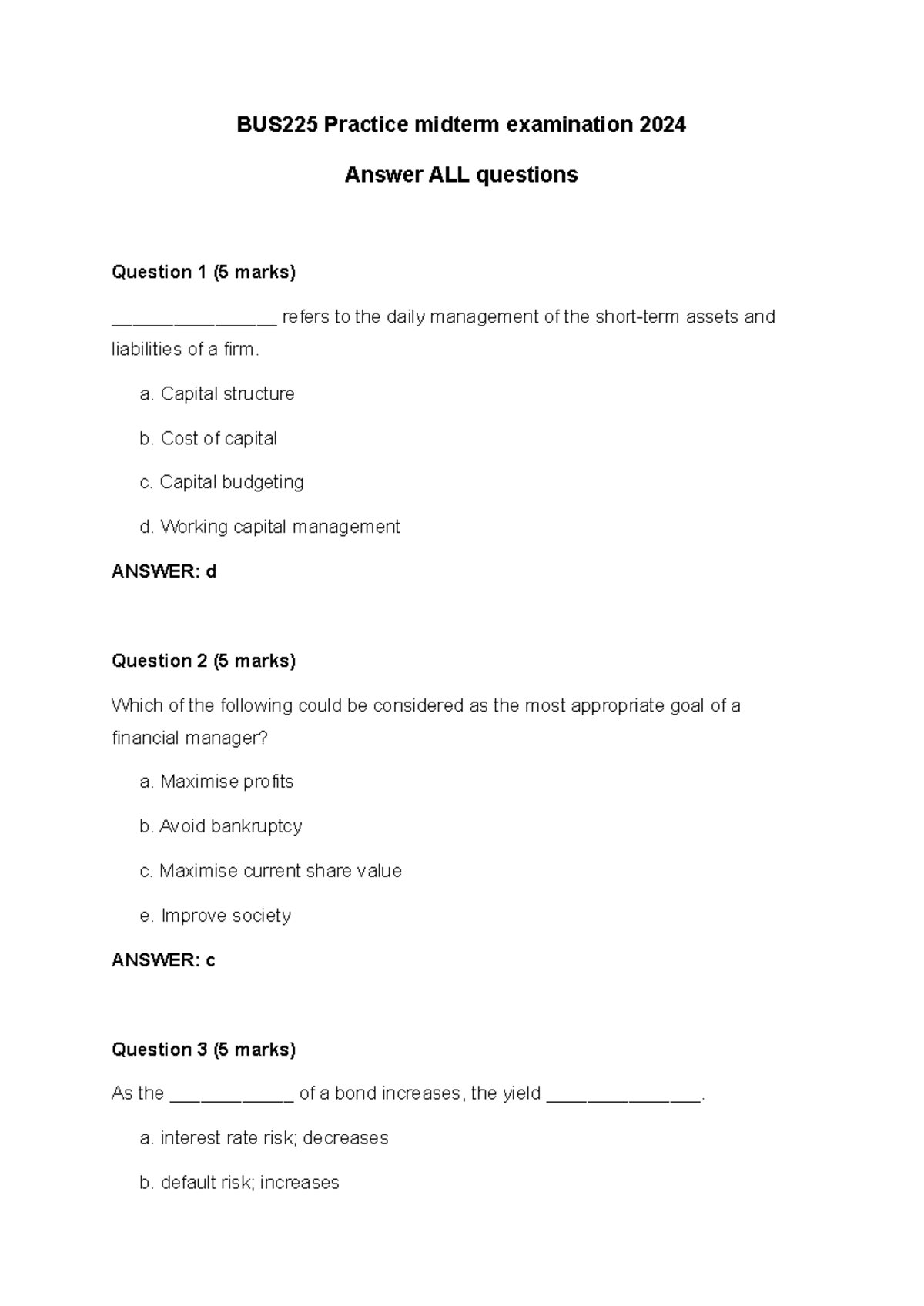 BUS225 2024 Midterm Exam Practice Solutions and Answers - Studocu