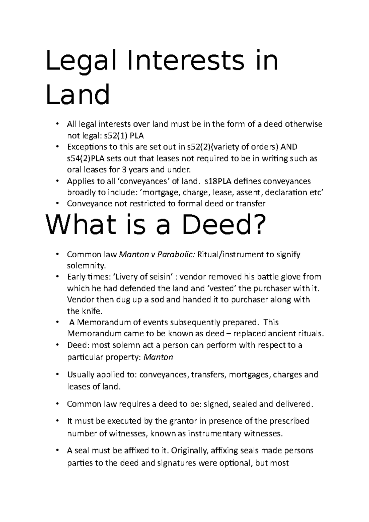 Land Law notes - Legal Interests in Land All legal interests over land ...
