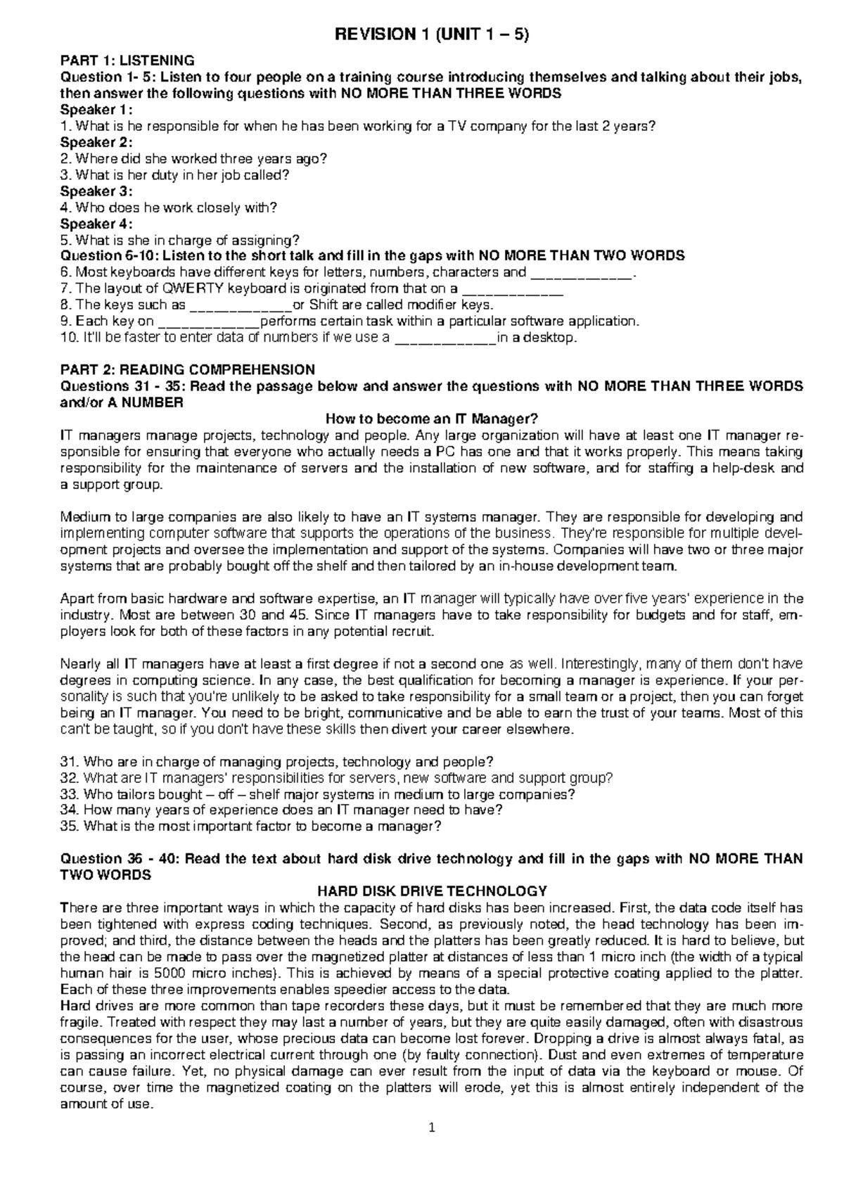 Revision 1 (U1-5) Listening & Reading Comprehension Practice - Studocu