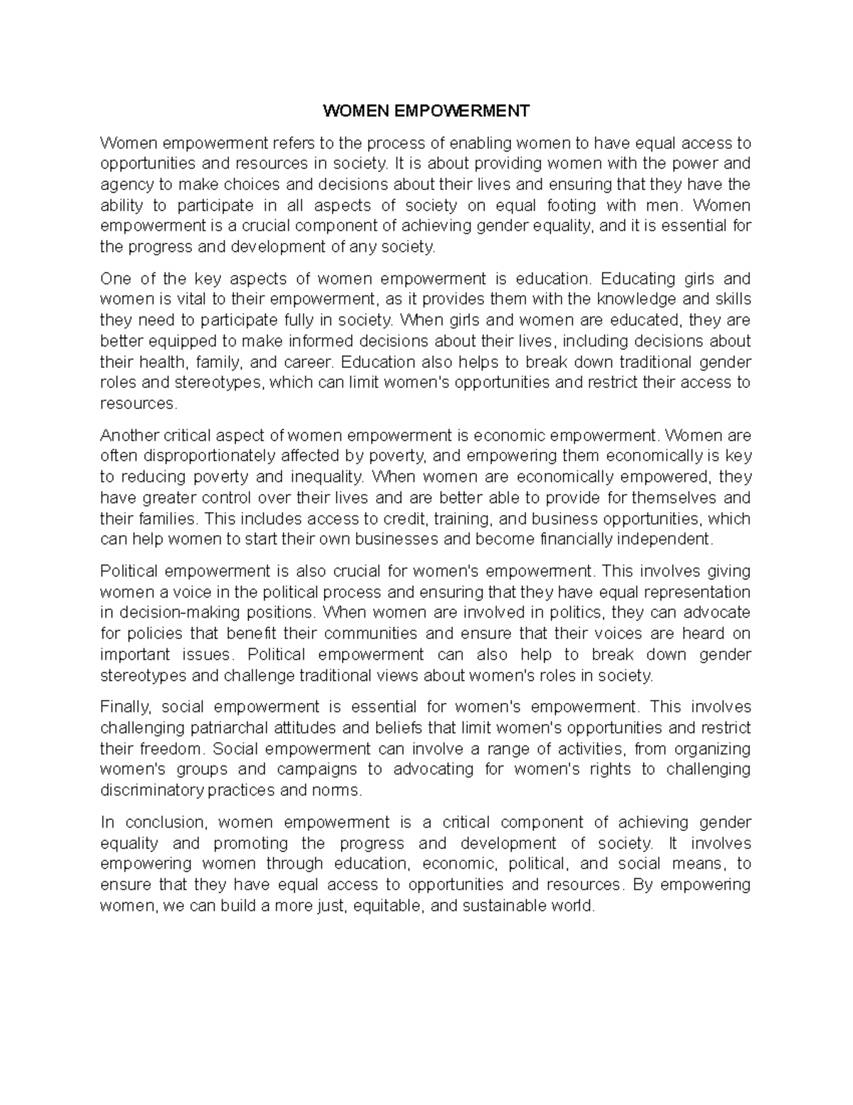 Women Empowerment Essay: A Path to Gender Equality and Justice - Studocu