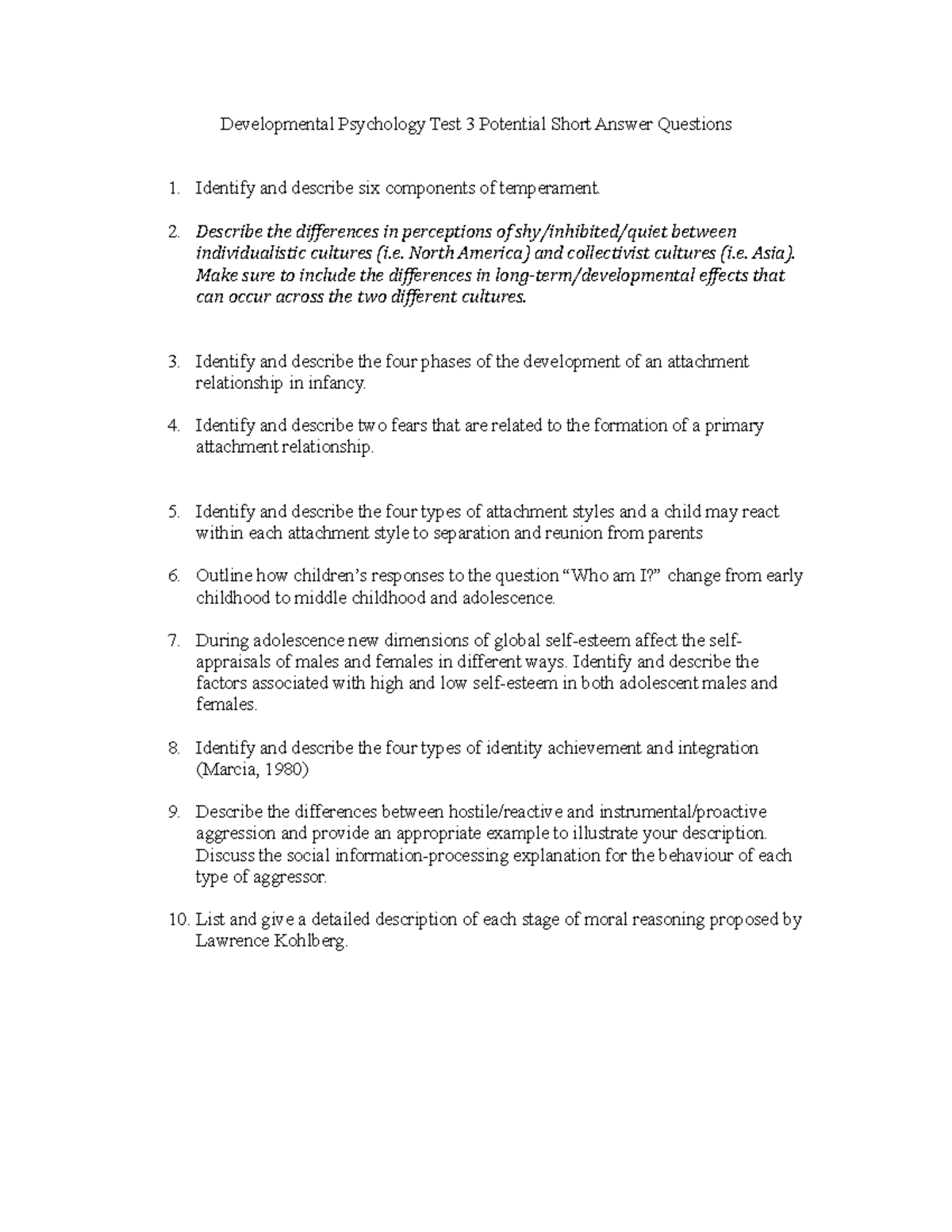 Dev Psych Test 3: Sample Short Answer Questions for Exam Review - Studocu