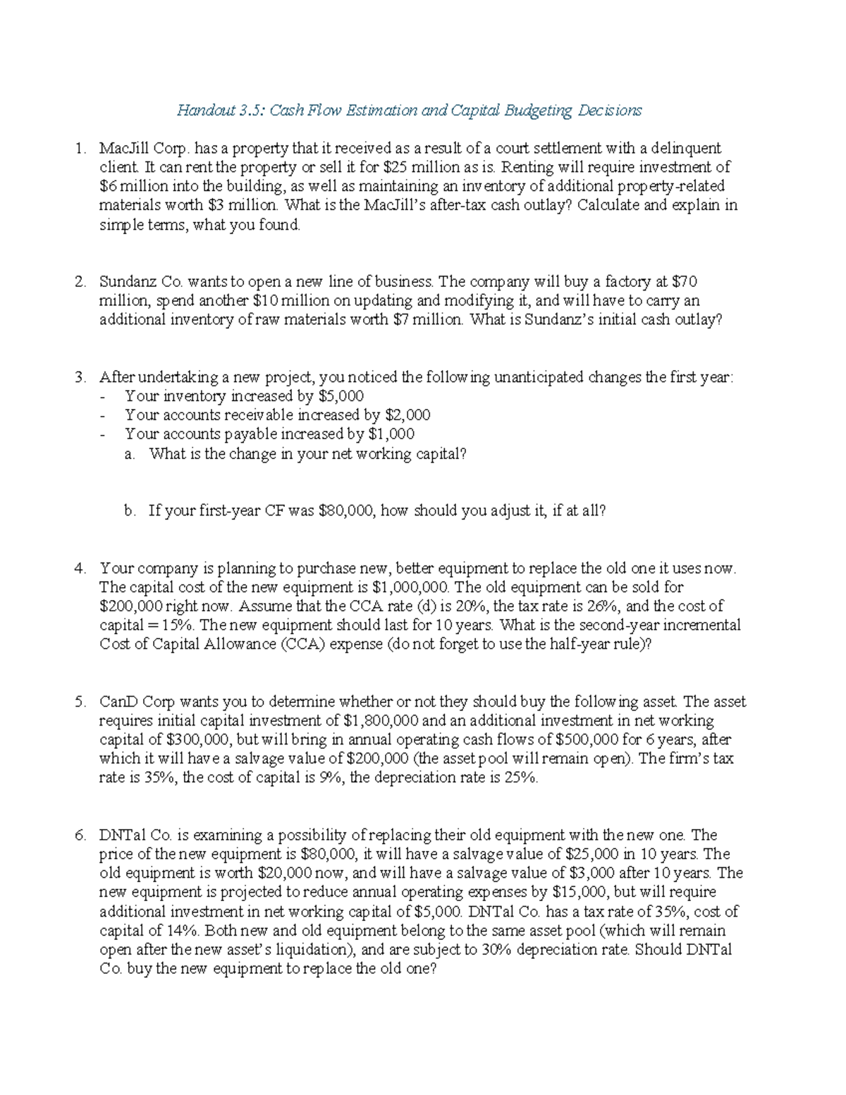 Handout 3: Cash Flow Estimation & Capital Budgeting Decisions - Studocu