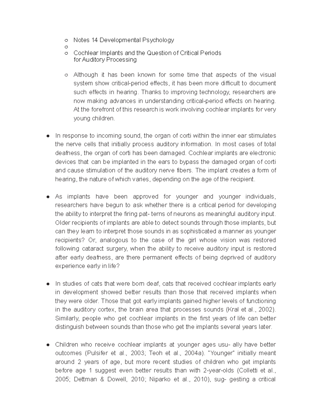 Notes 14: Cochlear Implants and Critical Periods in Auditory ...