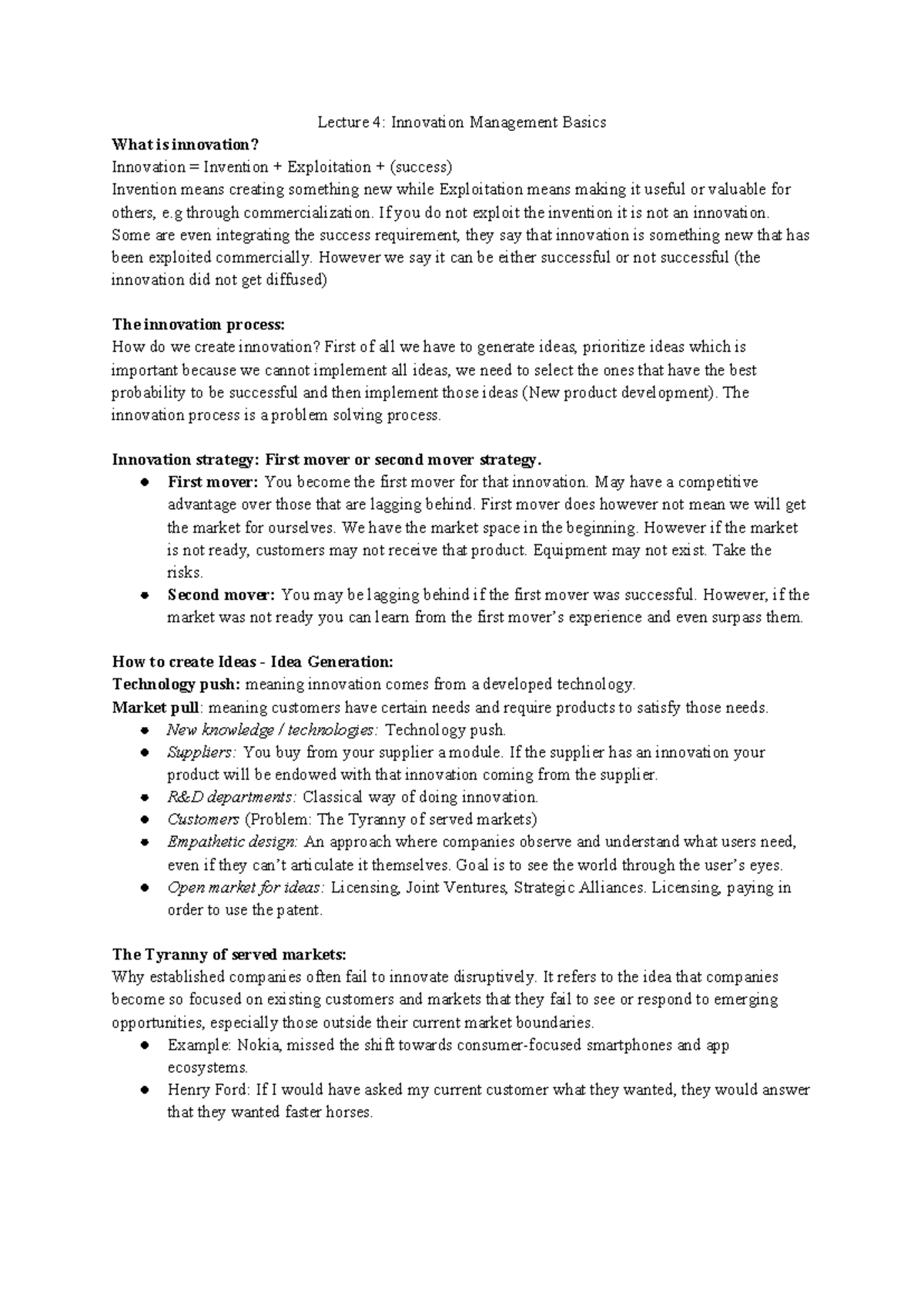 Lecture 4 - Basics of Innovation Management and Strategy - Document Preview