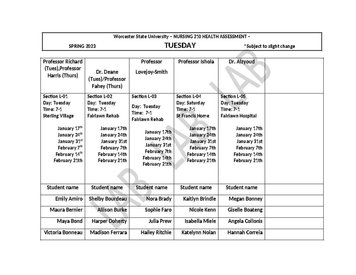 1SJM Revised 3 NU210 LAB Schedule Edited (1) - Worcester State ...