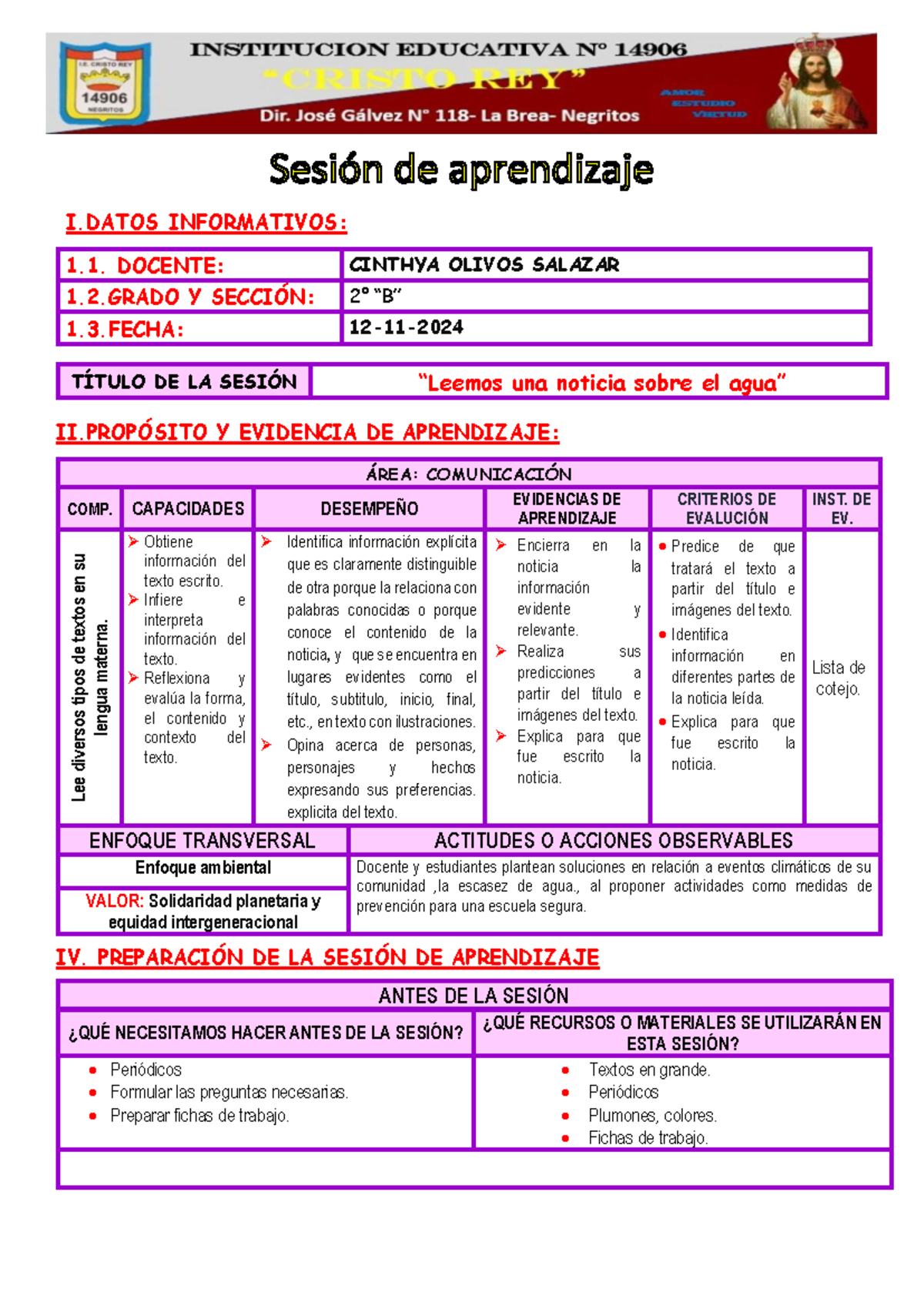 Leemos una Noticia sobre el Agua - Sesión de Aprendizaje 2° "B" - Document Preview