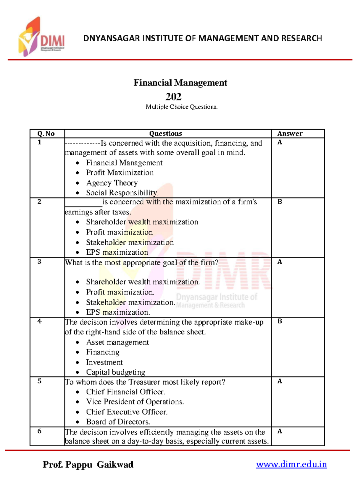 Financial Management 202: Comprehensive MCQ Practice Set - Studocu