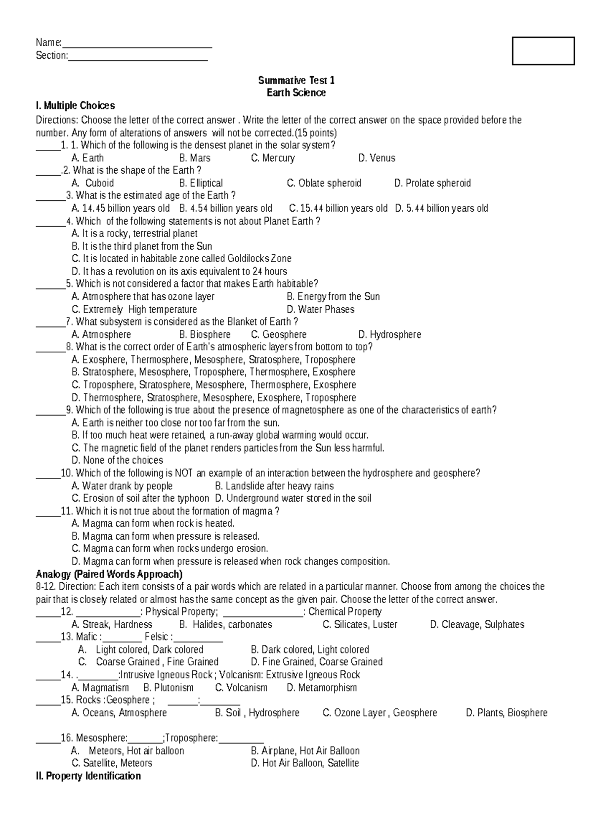 Summative Test 1: Earth Science I (ST1-Q1) Multiple Choice Questions ...