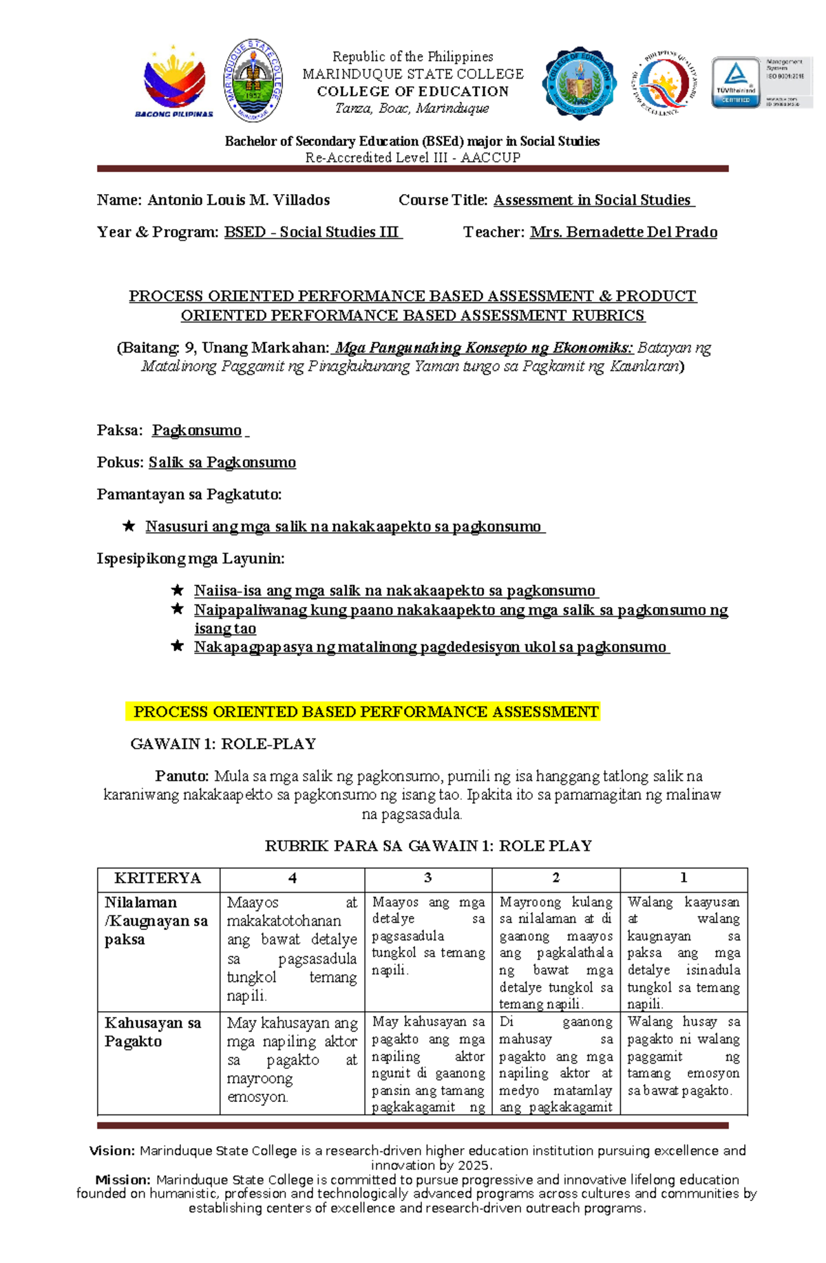 Product & Oriented Based Performance Assessment Rubrik] - MARINDUQUE ...