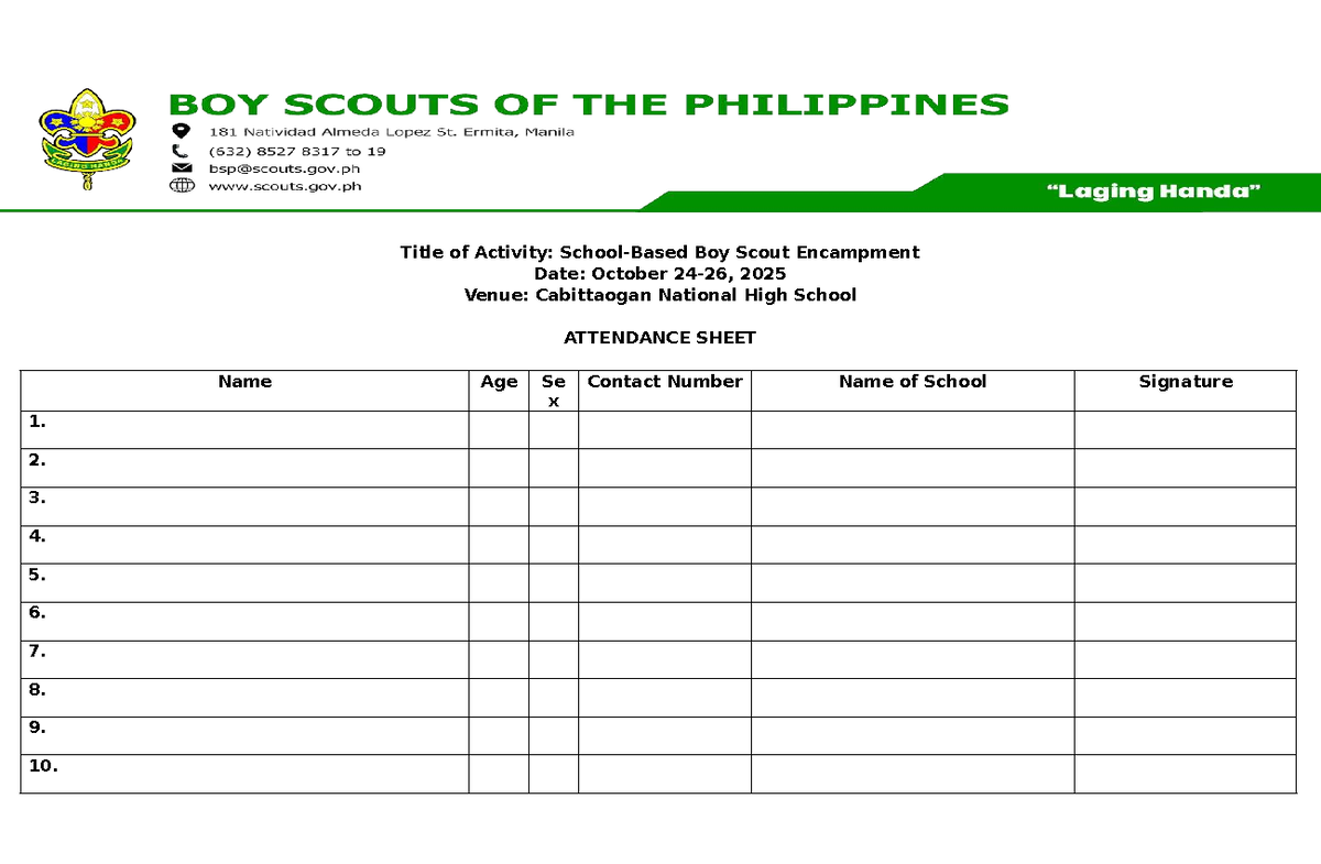 Attendance Sheet for Boy Scout Encampment - October 2025 - Studocu