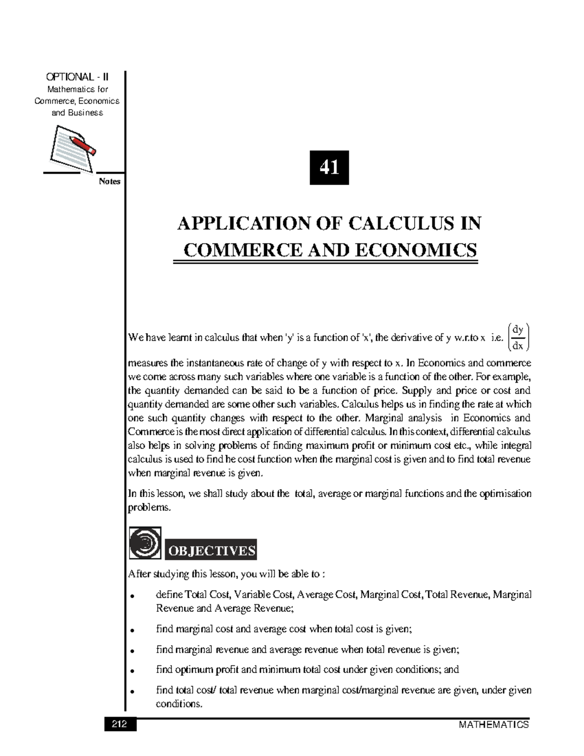 Applications of Calculus in Commerce and Economics - OPTIONAL II ...