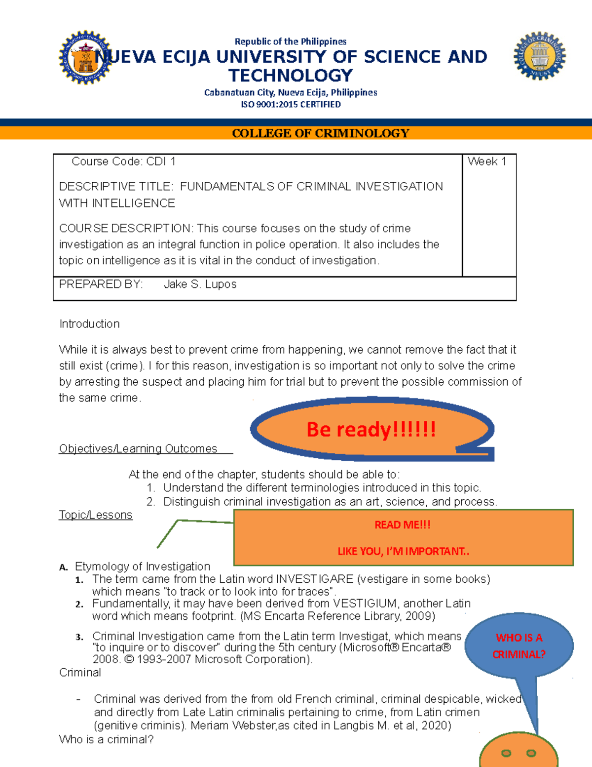 CDI-1: Fundamentals of Criminal Investigation - Second Semester Module ...