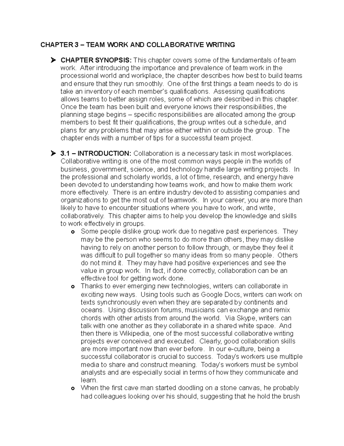 CHAPTER 3: TEAM WORK & COLLABORATIVE WRITING OVERVIEW - Studocu