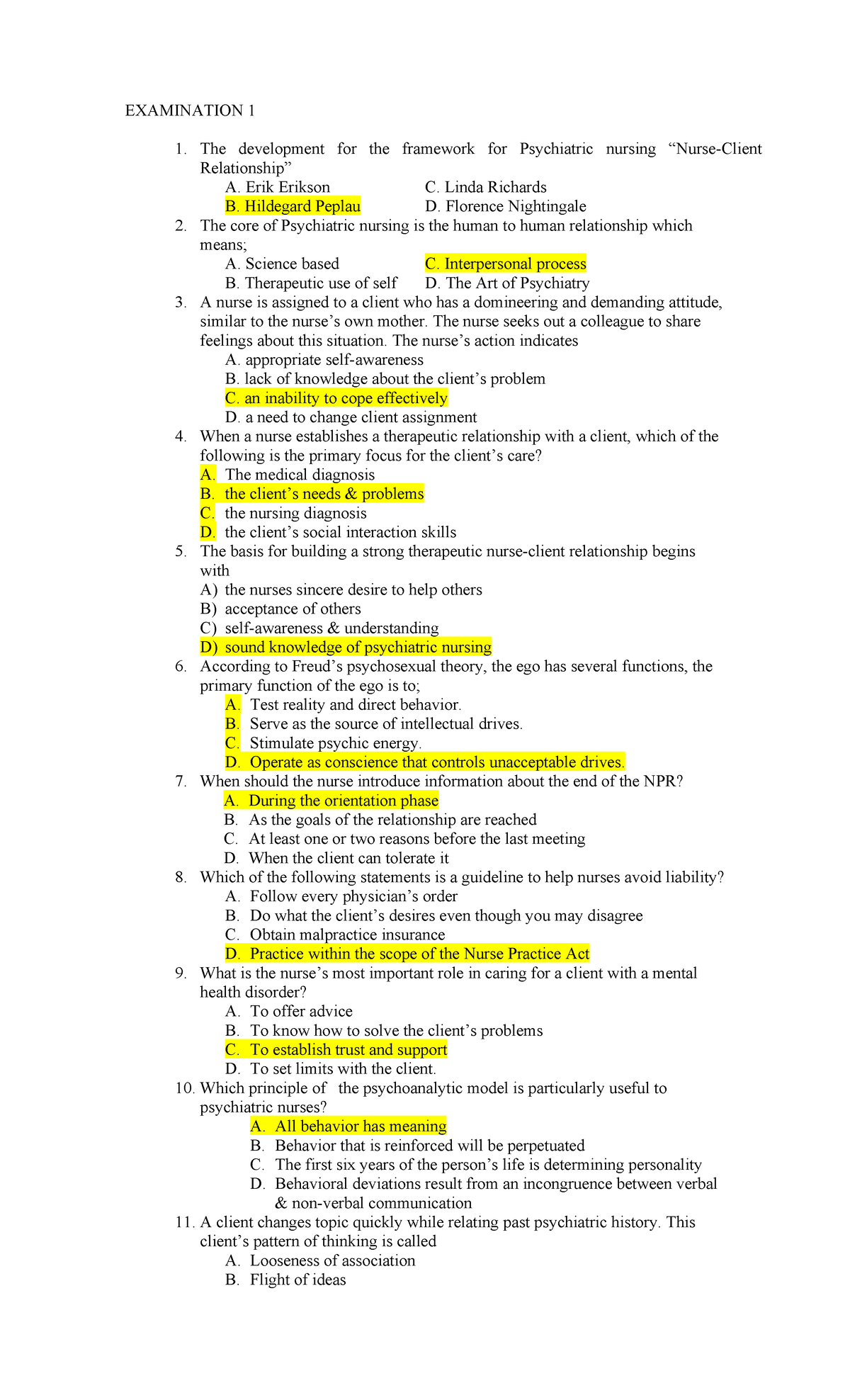 Psychiatric Nursing Exam 1 Review: Key Concepts and Theories - Studocu
