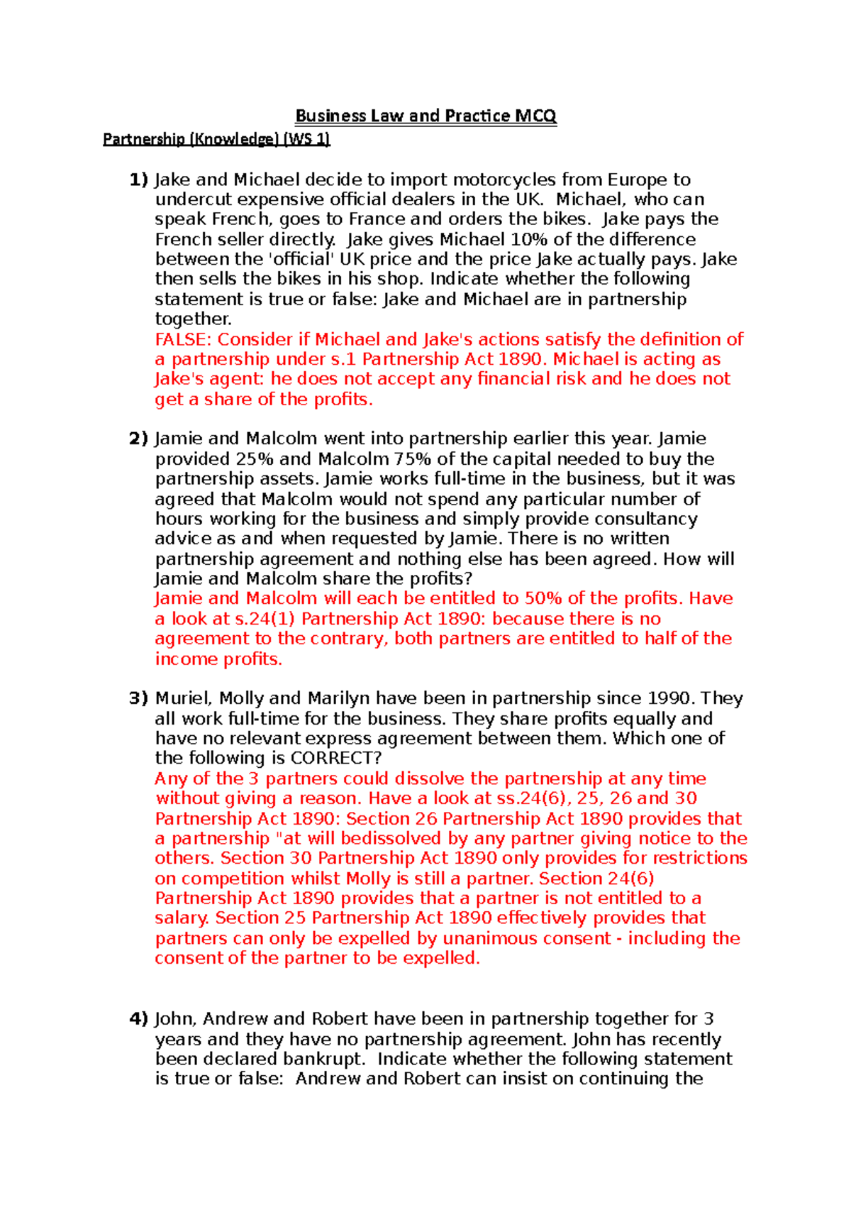 Business Law and Practice MCQ Final Exam Review (WS1 & WS2) - Studocu