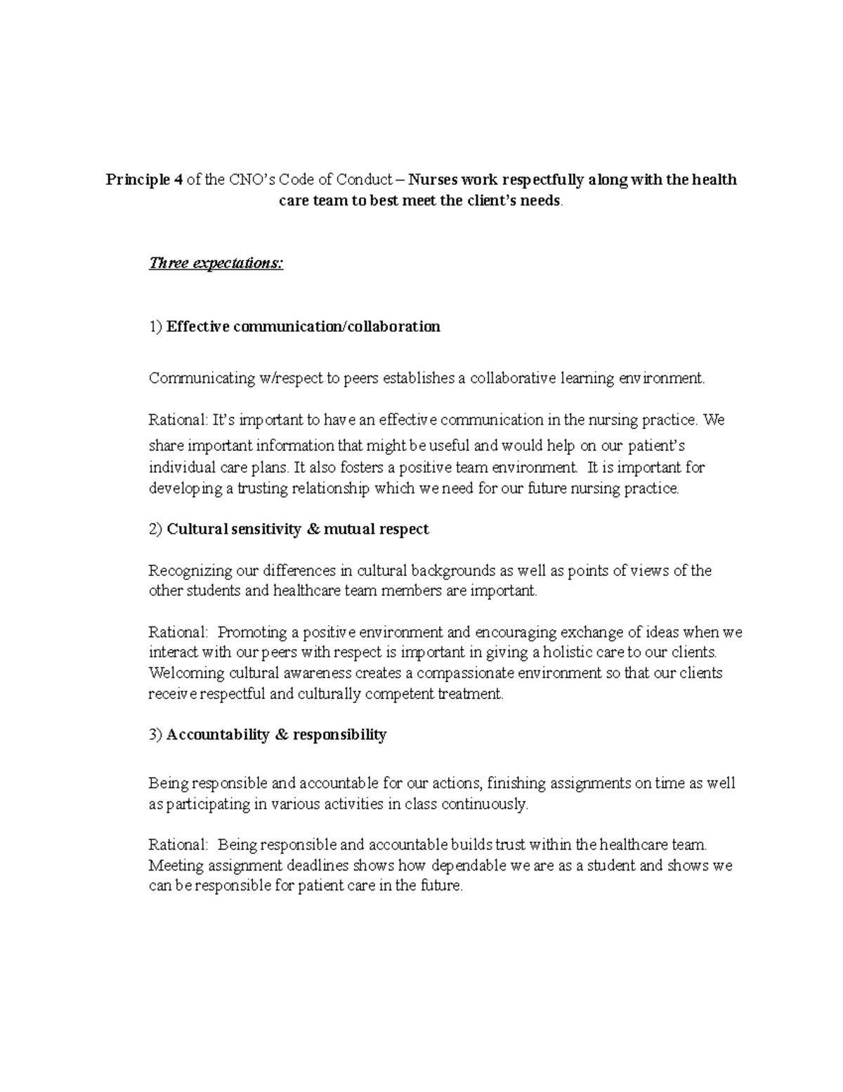 CNO Code of Conduct Principle 4 Assignment - Nursing Collaboration ...