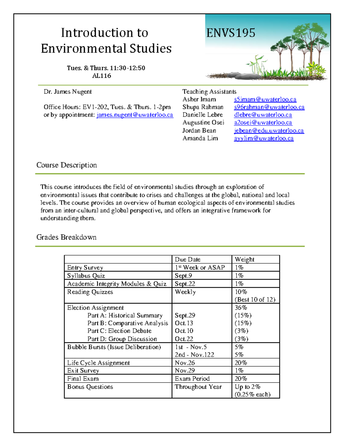 Syllabus ENVS195 F2019 Introduction to Environmental Studies Nugent ...
