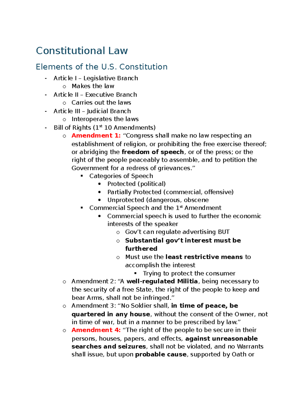 Constitutional Law Overview: U.S. Constitution & Bill of Rights - Studocu