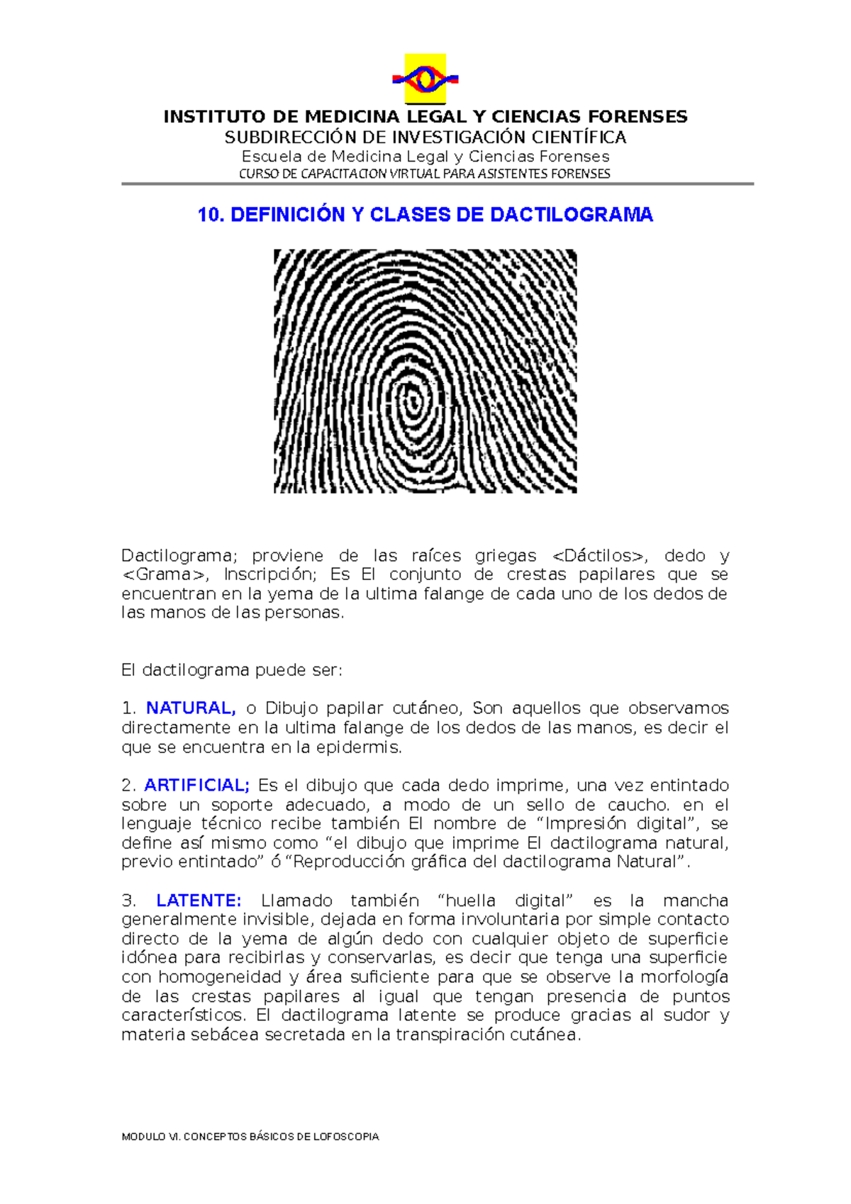Definición y Tipos de Dactilogramas - Curso de Capacitación Forense - Document Preview