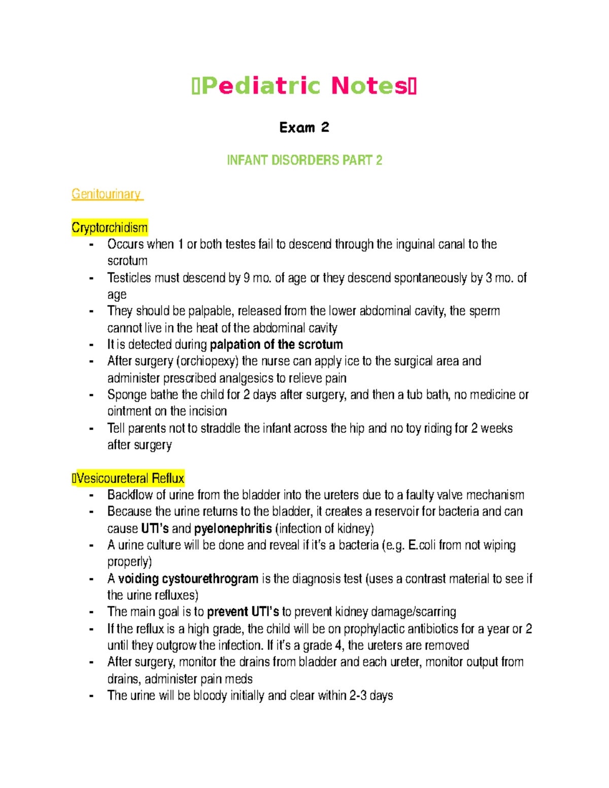 Pediatric Notes Exam 2 - Pediatric Notes Exam 2 I NF ANTDI SORDERSP ...