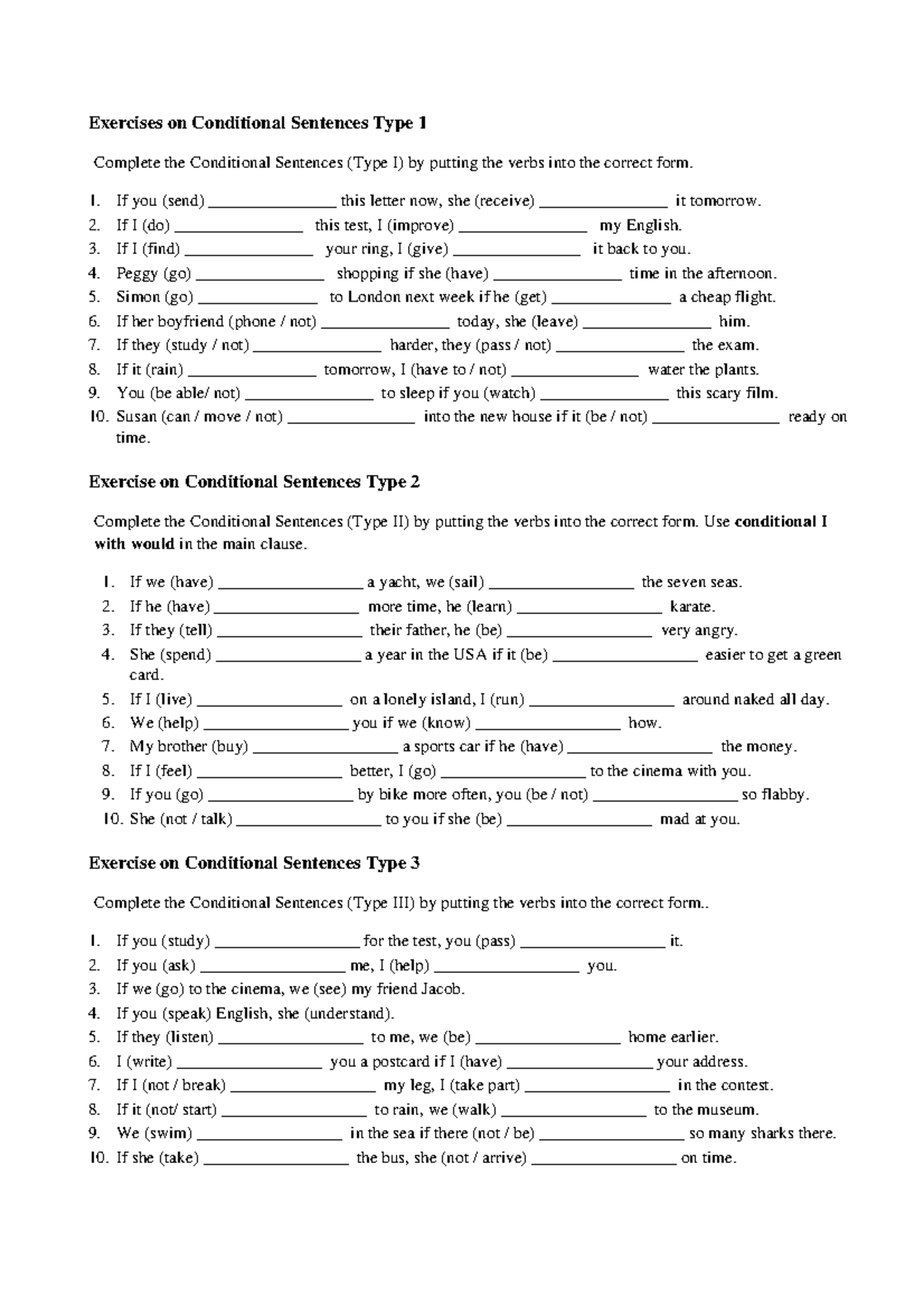 Exercises on Conditional Sentences: Types I, II, III & Mixed (ENG101 ...