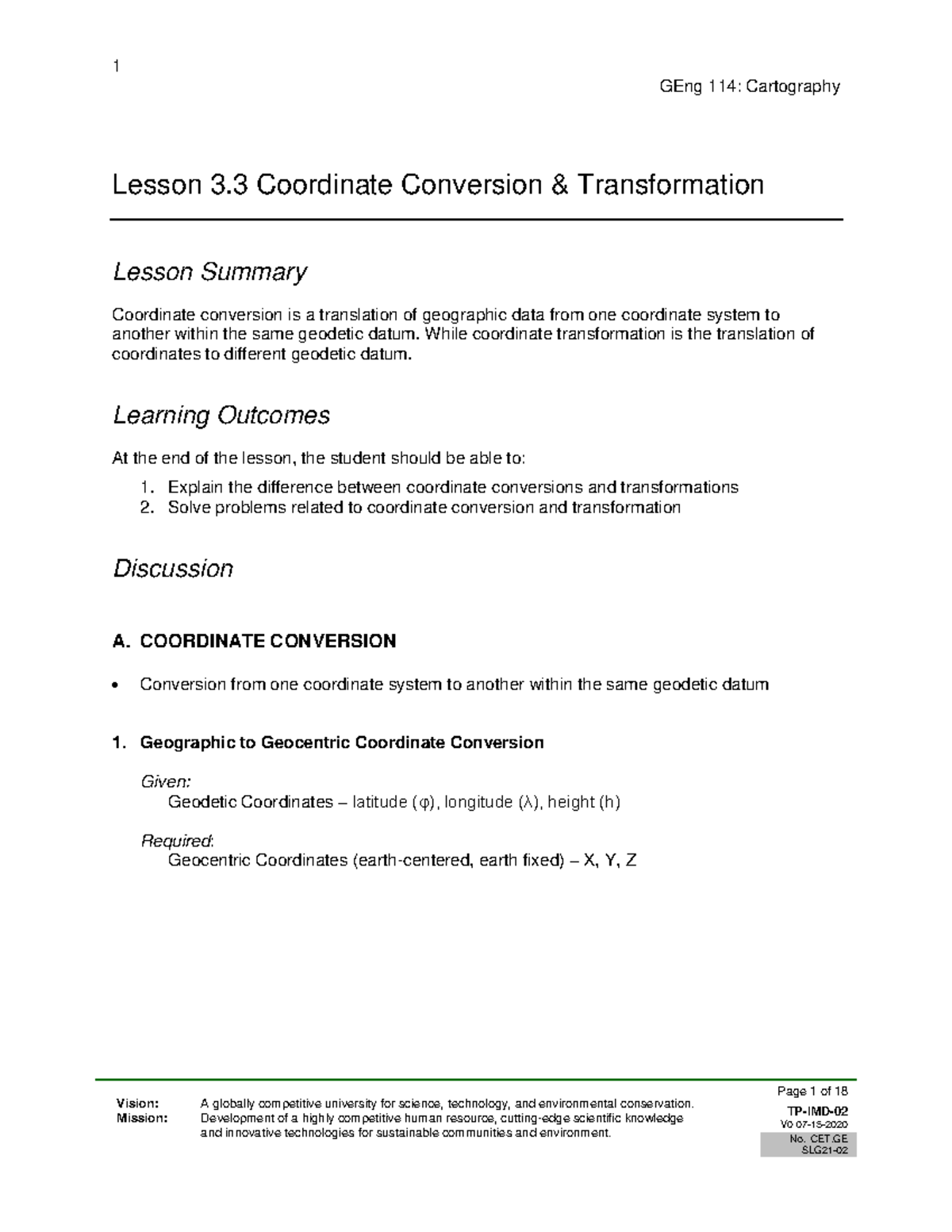GEng 114: Cartography Lesson 3.3 on Coordinate Conversion ...