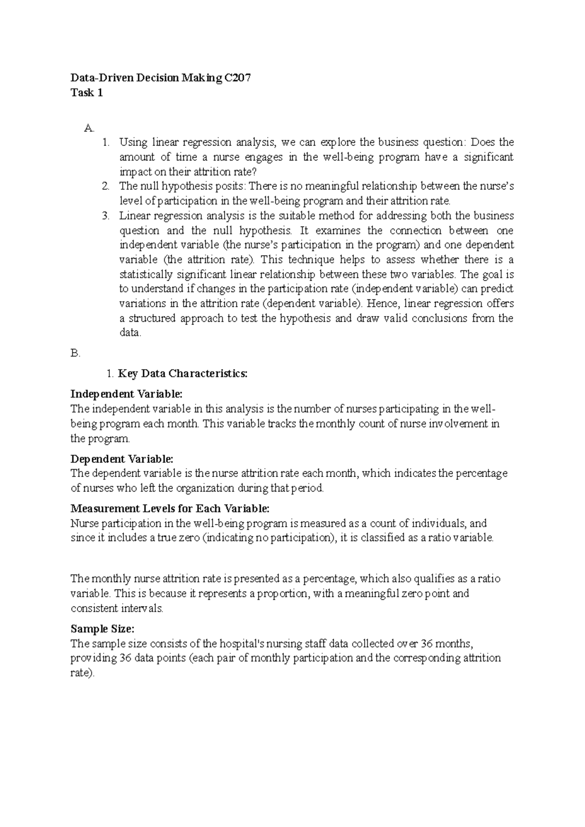 C207 Task 1 Report: Linear Regression Analysis on Nurse Attrition - Studocu