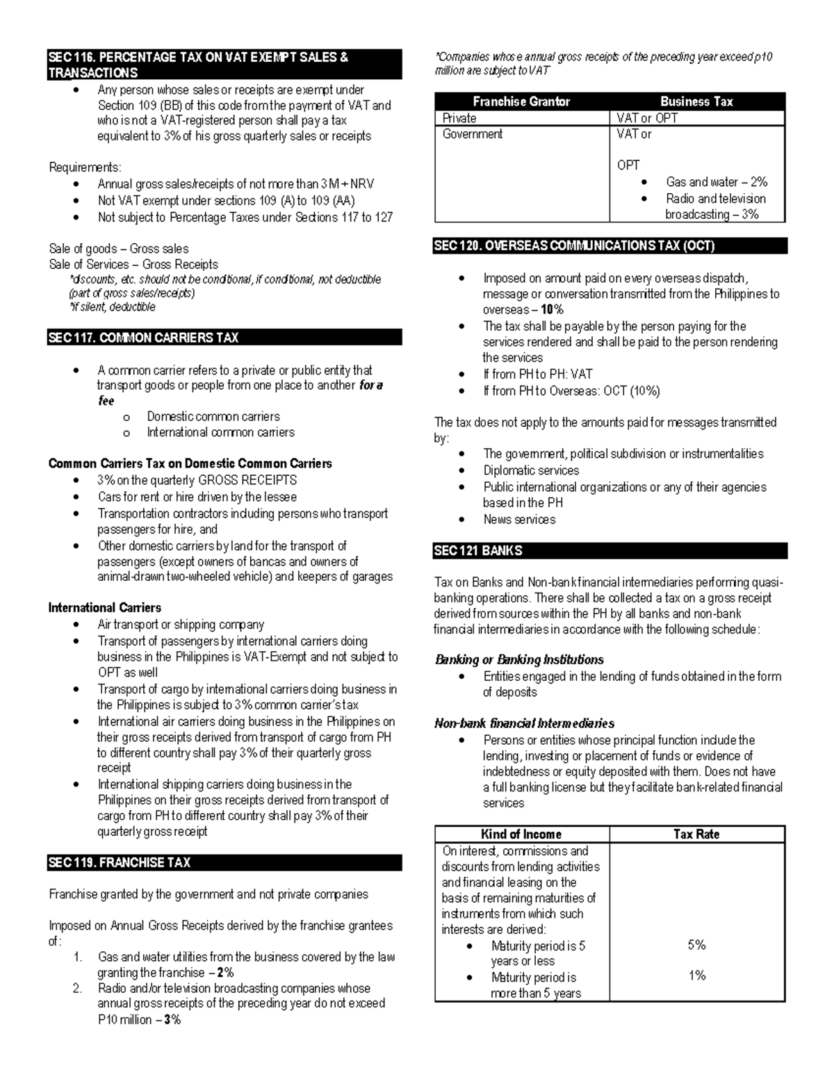 SEC 116-127: Overview of Percentage, Franchise, and Other Taxes - Studocu