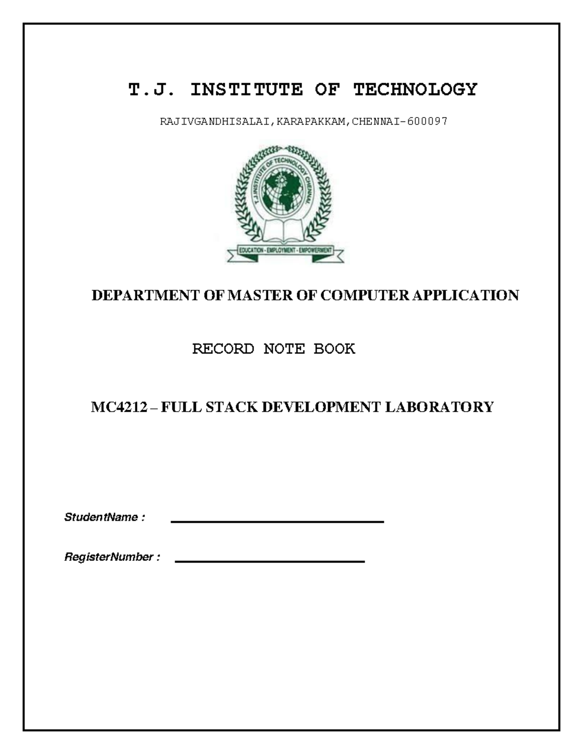 MC4212 Full Stack Development Lab Record Notebook - T.J. Institute ...