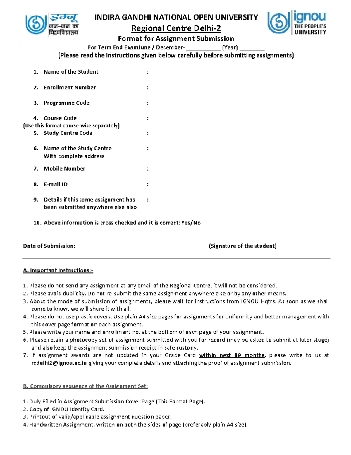 IGNOU Assignment Submission Format for Term End Exam (Year) - Studocu