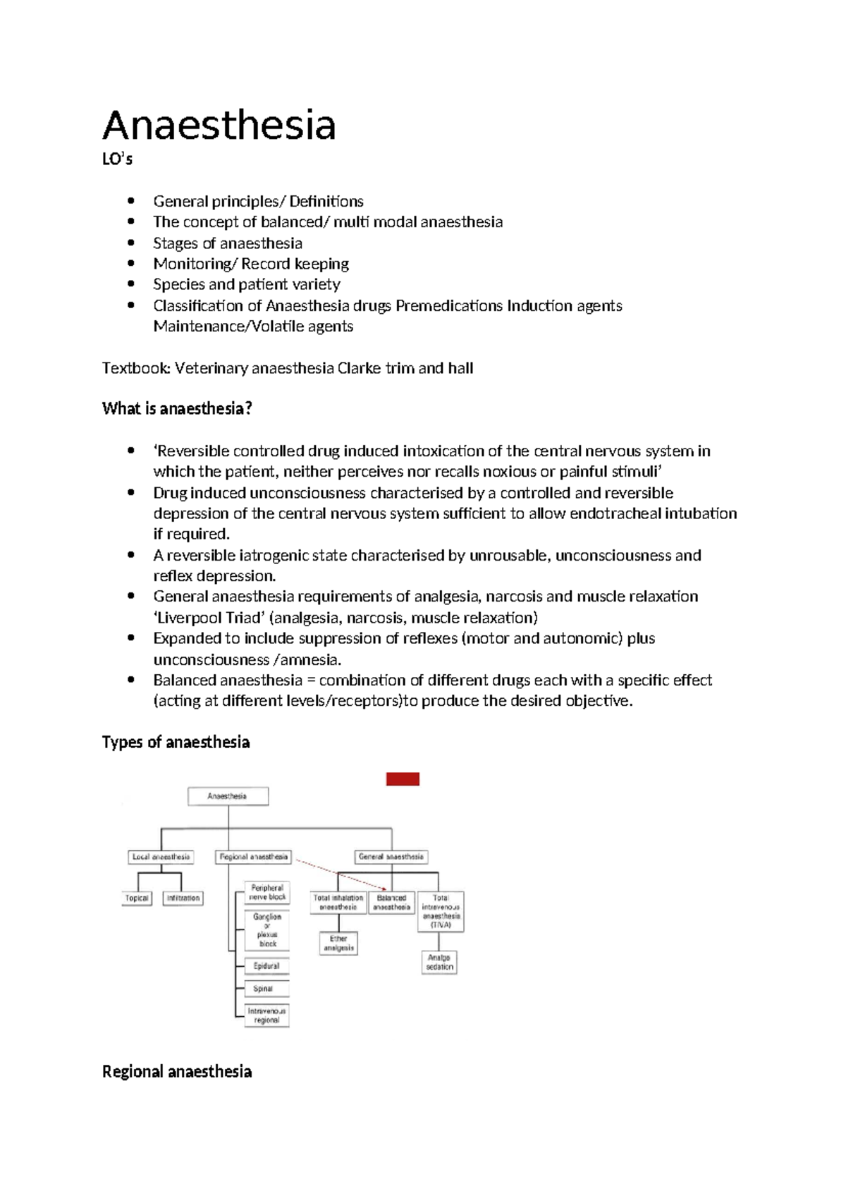 Anaesthesia - first anaesthethia lecture notes - Anaesthesia LO’s ...