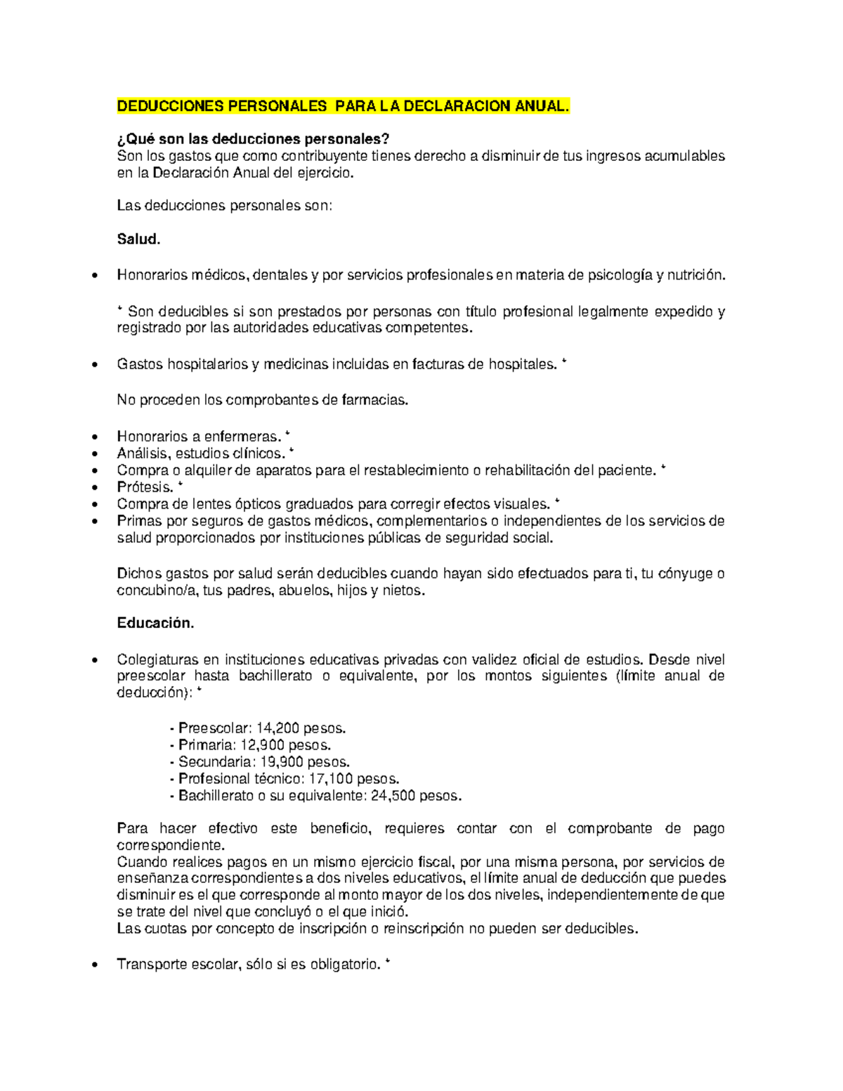 Deducciones Personales PARA LA Declaracion Anual - DEDUCCIONES ...