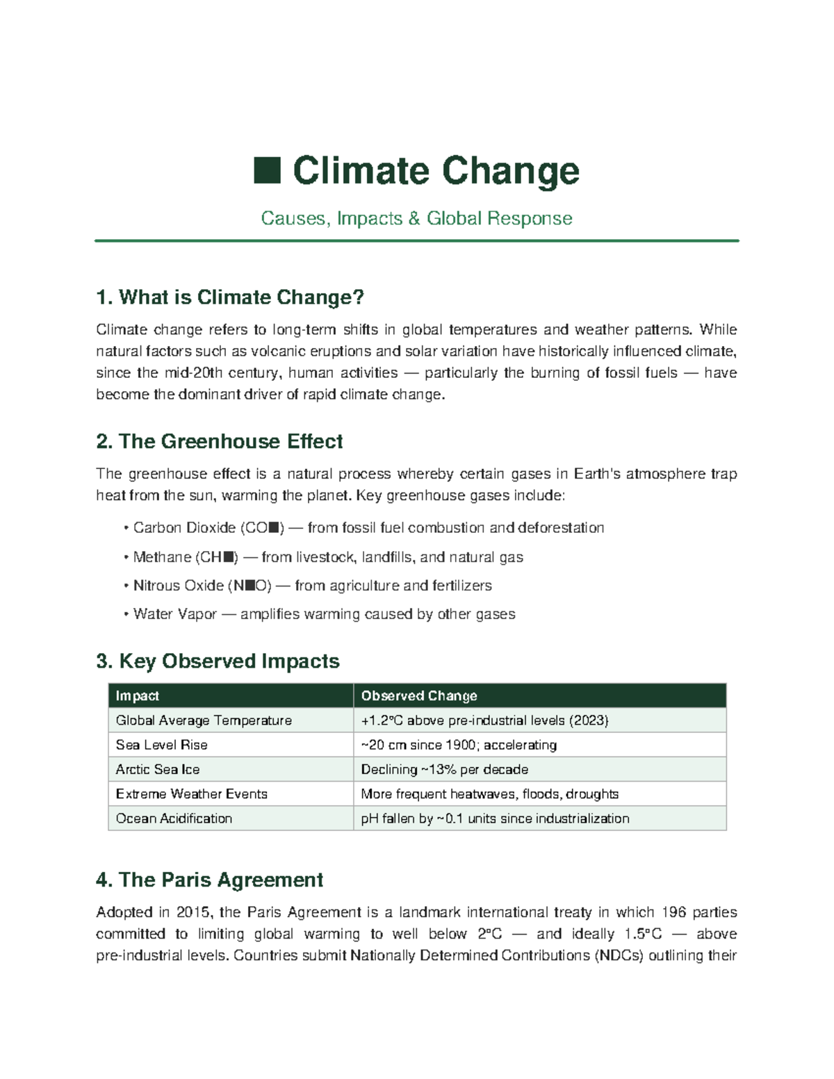 Climate Change Overview: Causes, Impacts, and Global Response - Studocu