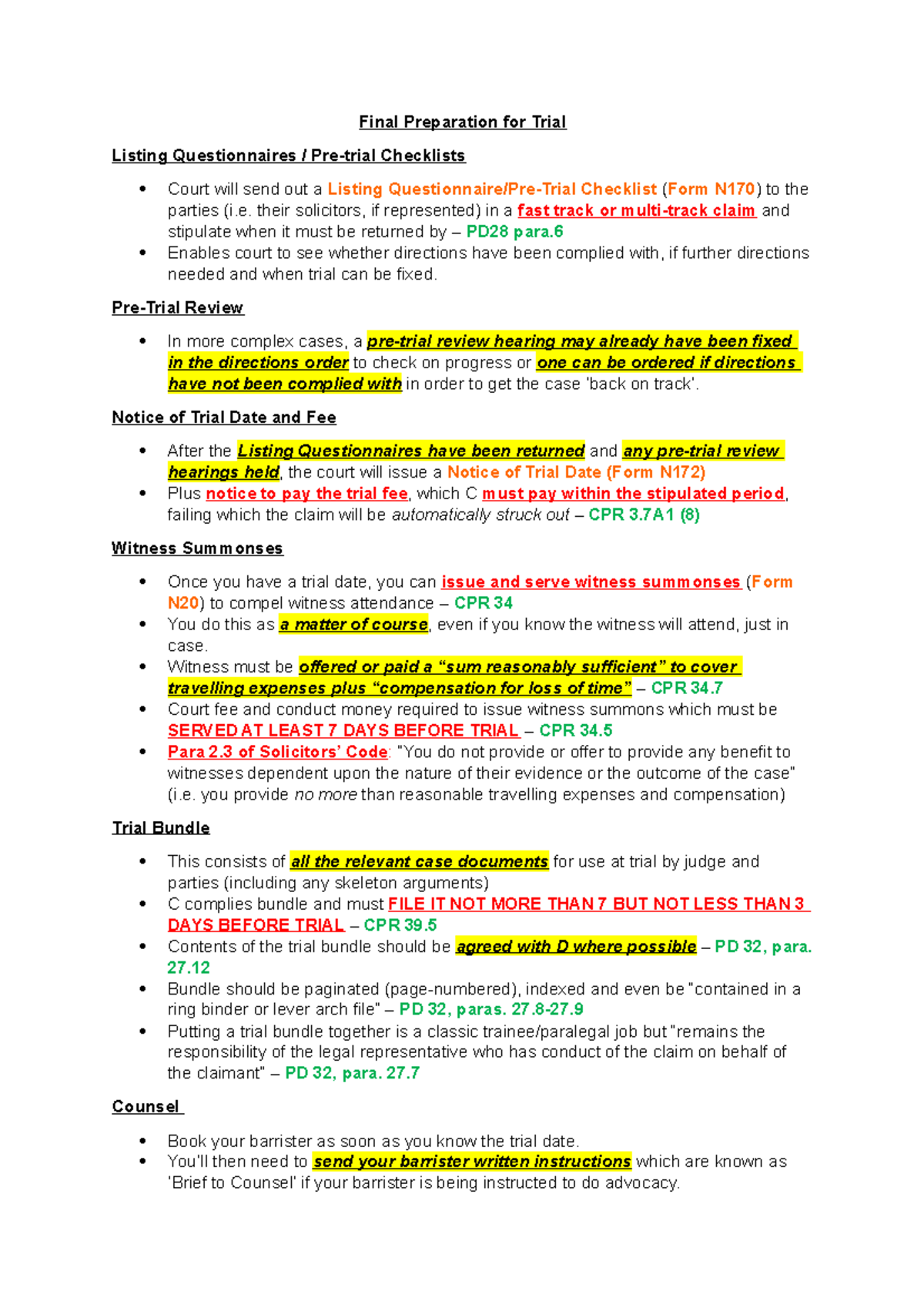 Lecture 9: Final Preparation for Trial Guide and Checklist - Studocu