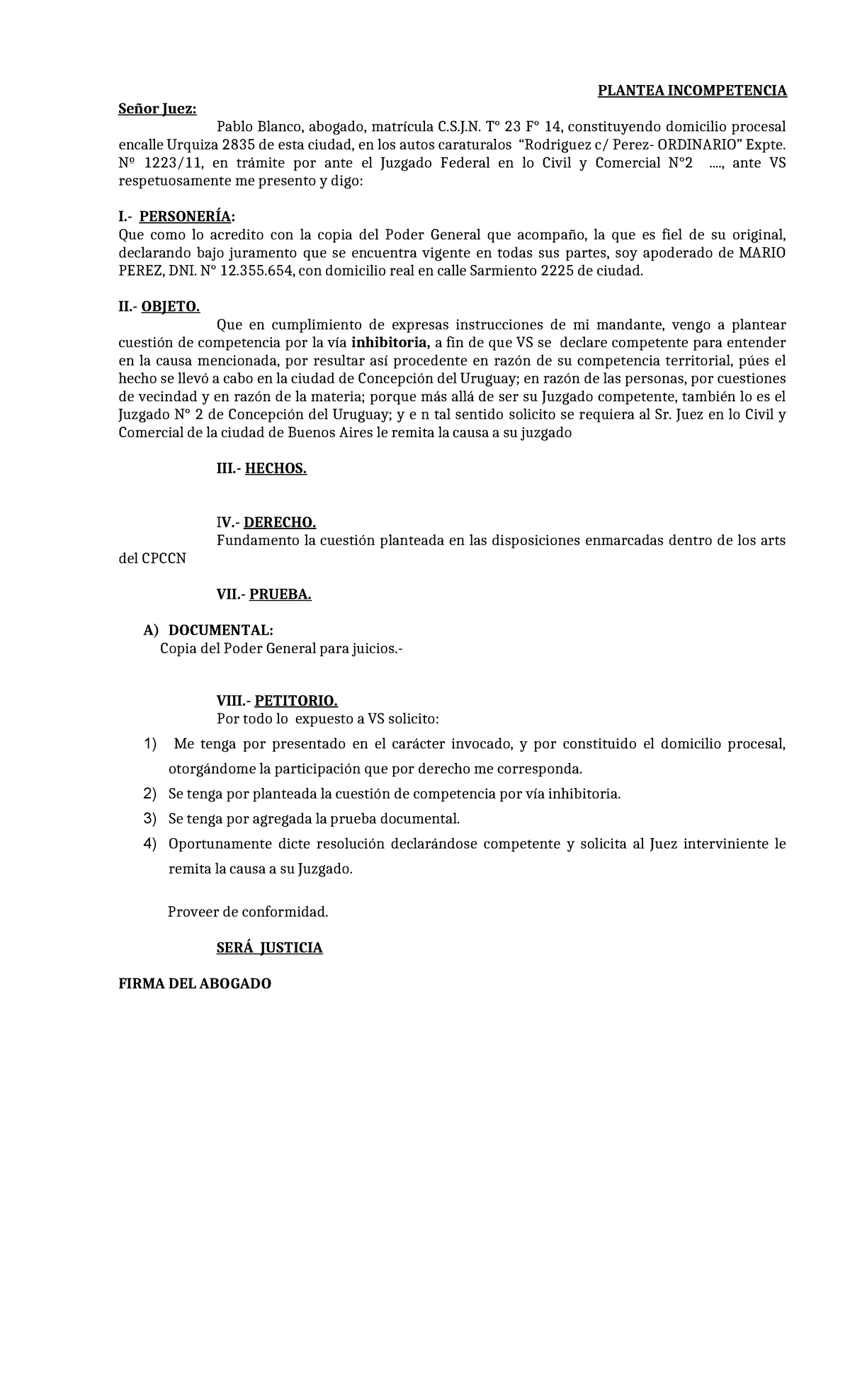 Inhibitoria - Cuestión de Competencia en Causa Civil - Expte. 1223/11