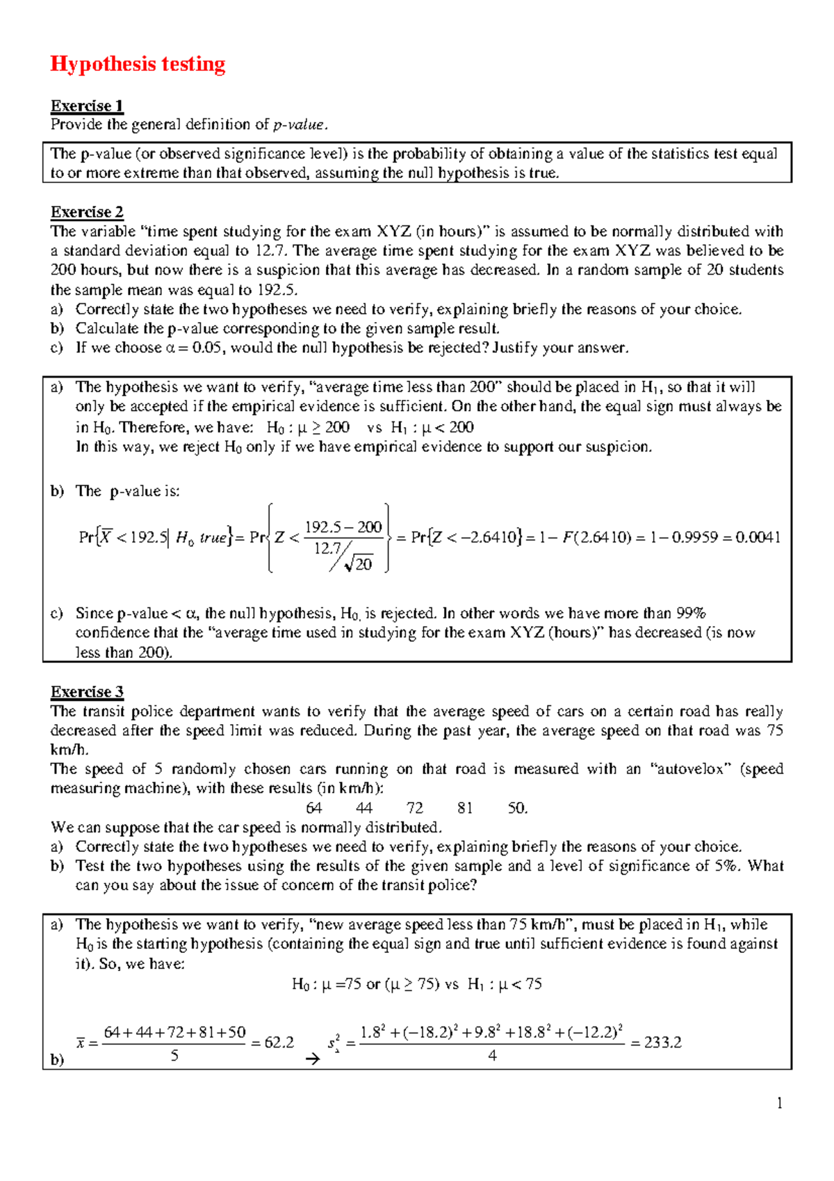 Hypothesis testing - Esercizi statistica - Hypothesis testing Exercise ...