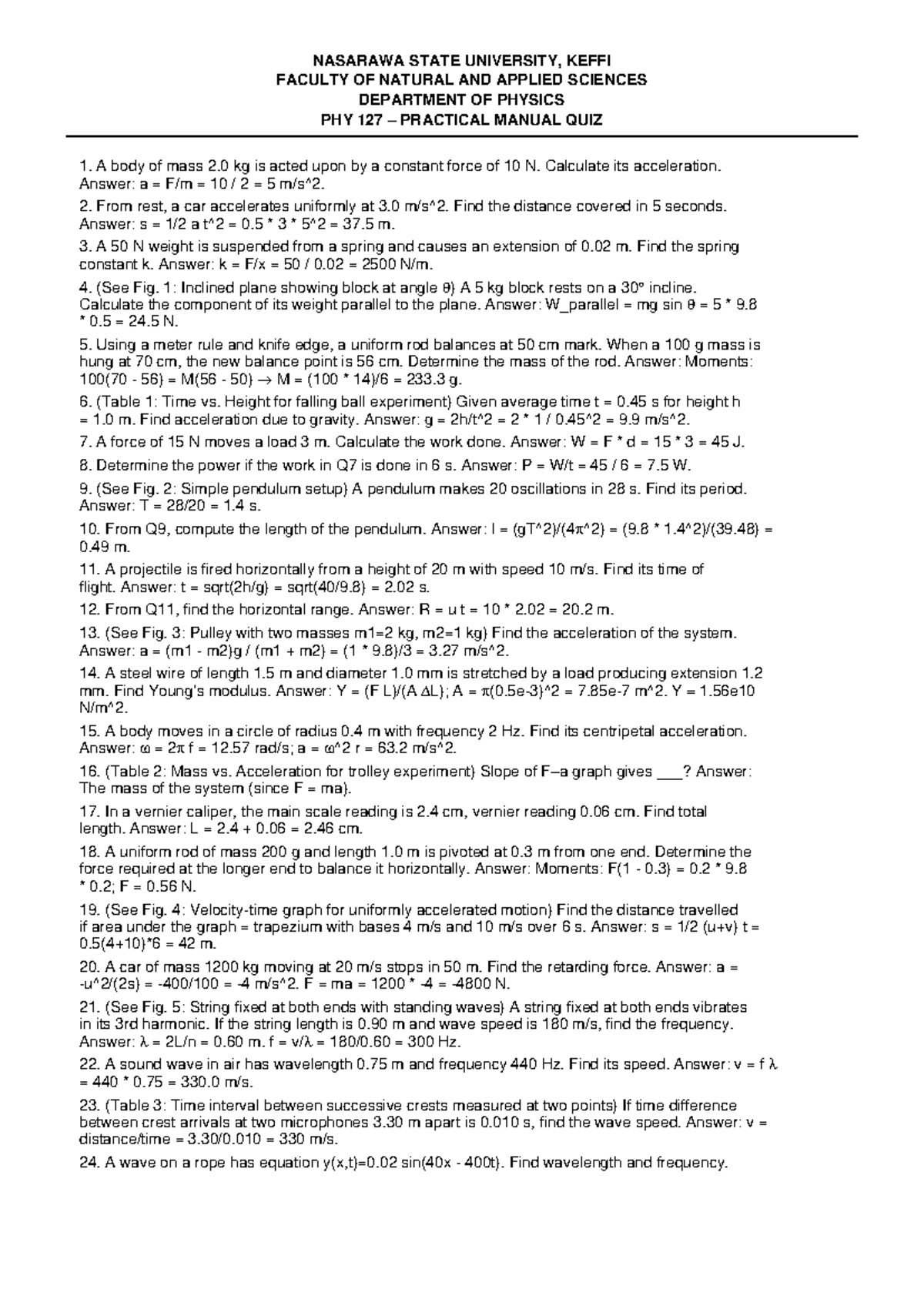 PHY 127 Practical Quiz - Physics Handout for 100 Level Students - Studocu
