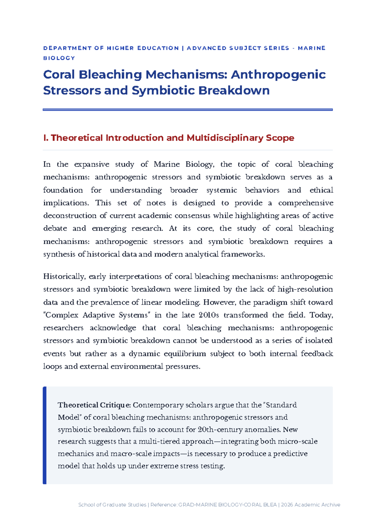 Detailed Advanced Notes B3: Marine Biology Coral Bleaching Mechanisms ...
