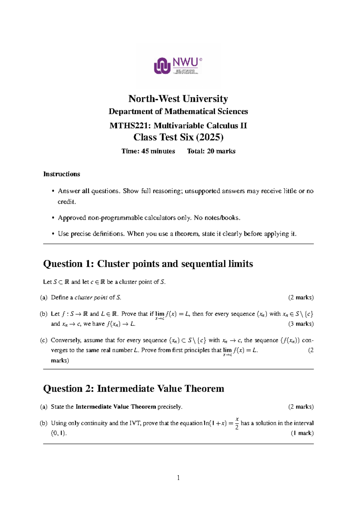MTHS221: Multivariable Calculus II Class Test Six (2025) - Studocu