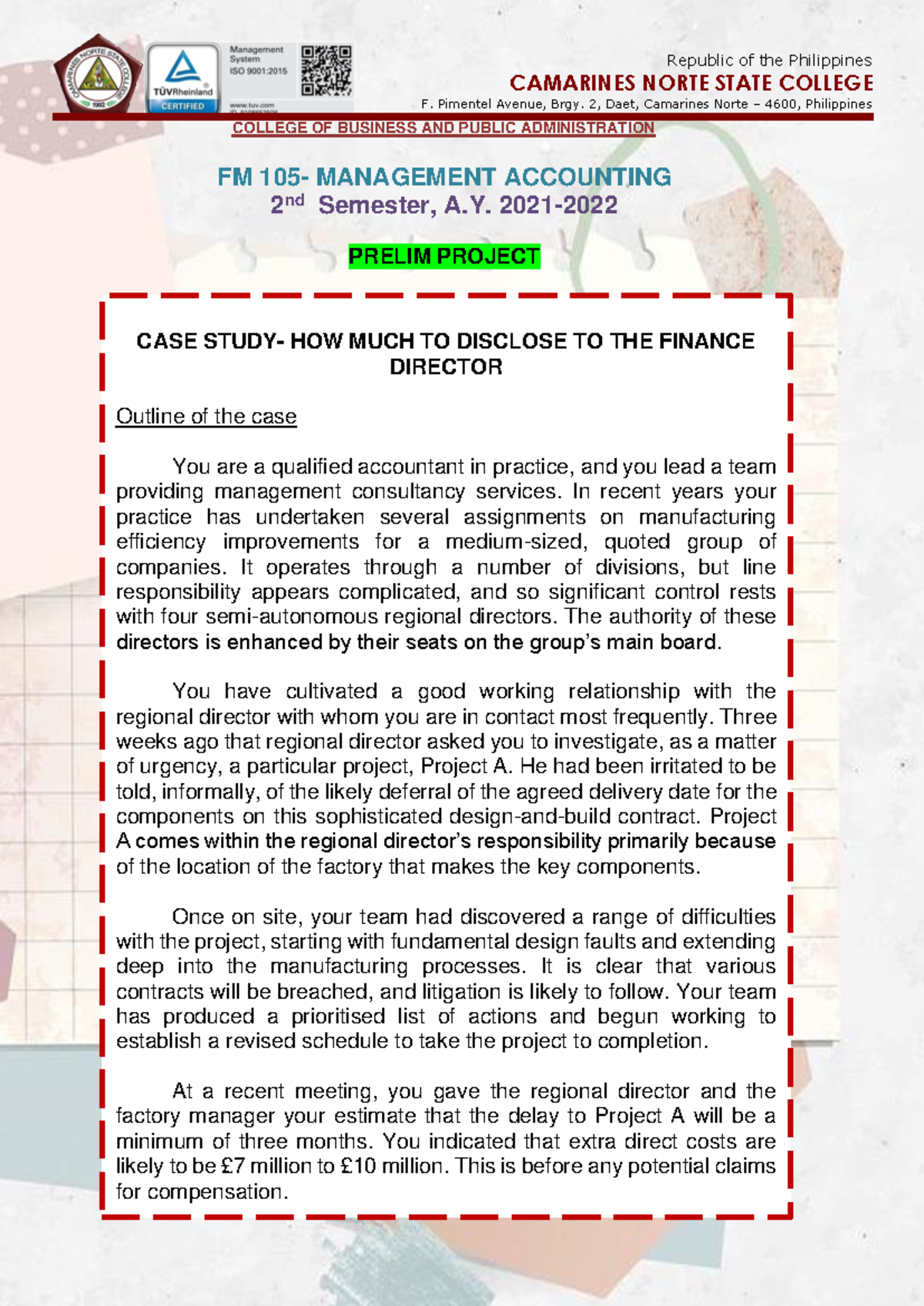 FM 105 - Management Accounting Case Study: Project A Analysis 2022 ...