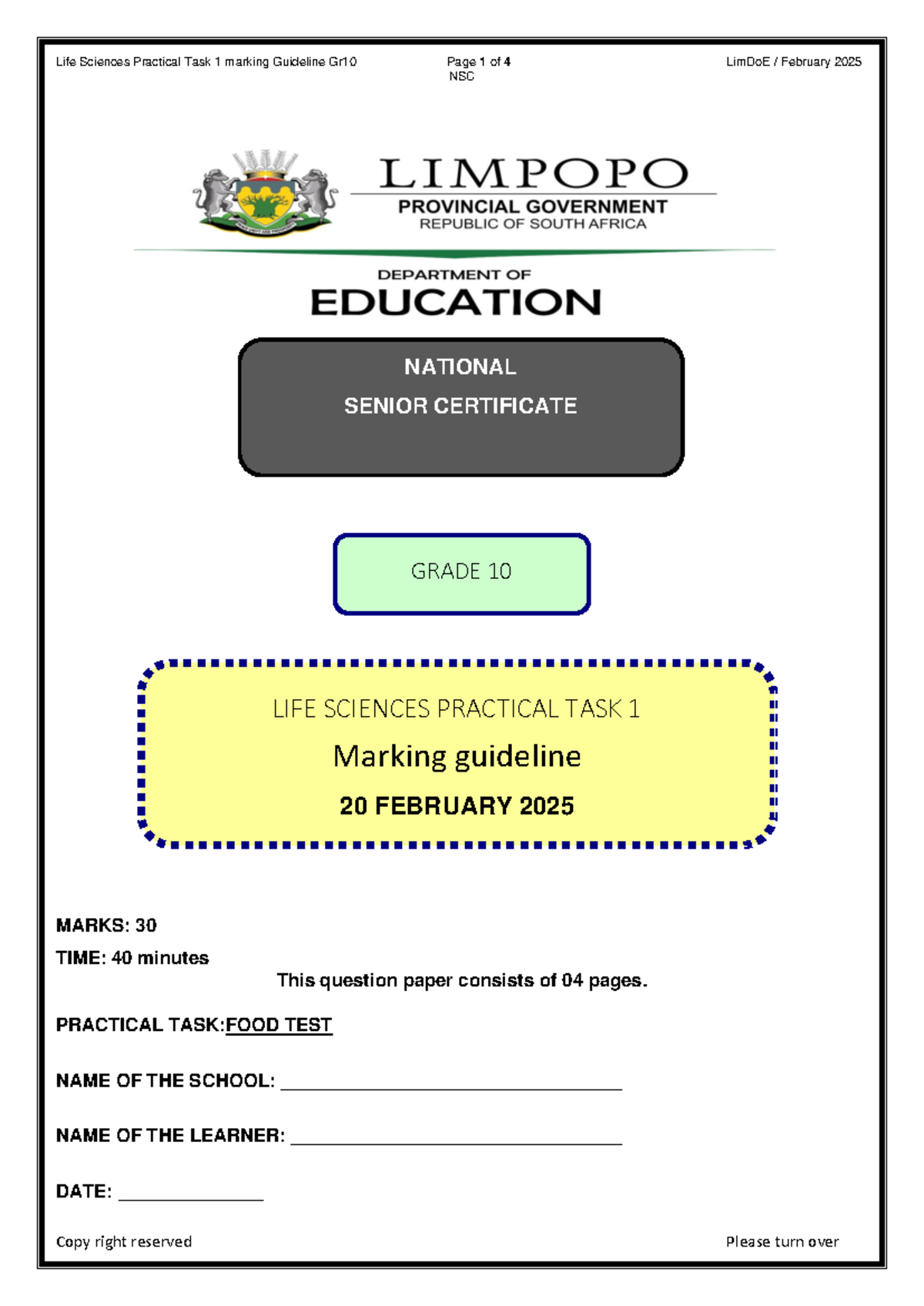 Grade 10 Life Sciences Practical Task 1 Marking Guideline (NSC) - Studocu
