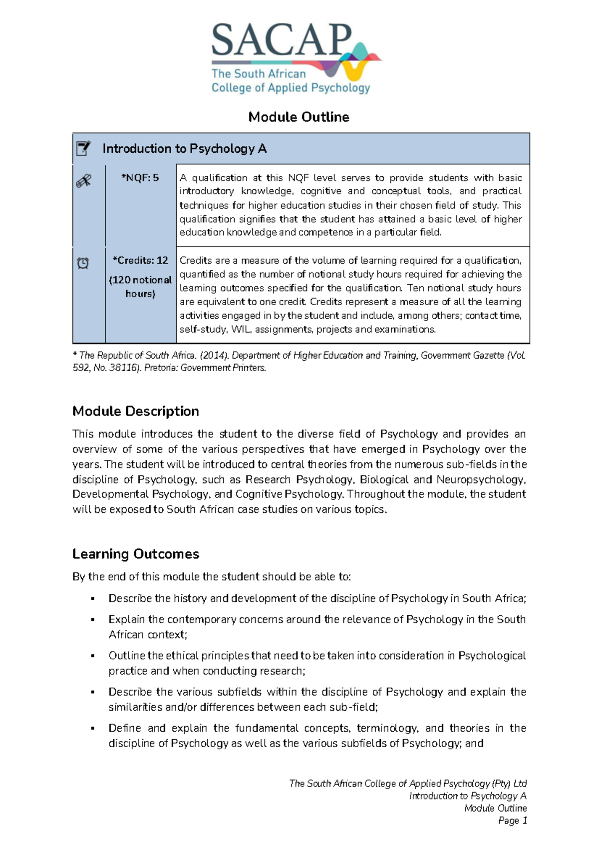 Intro to Psychology A - Module Outline and Learning Outcomes 2024 - Studocu