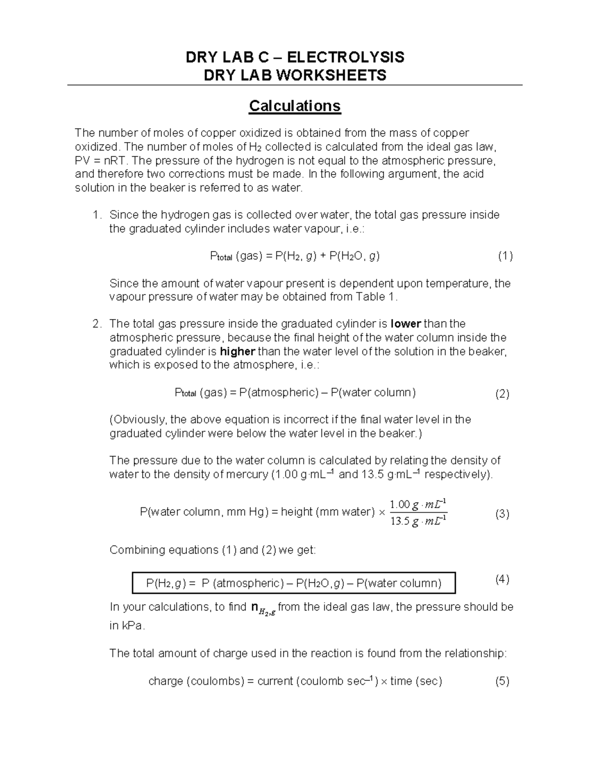 Electrolysis Dry Lab C - Worksheet Calculations and Data Analysis - Studocu