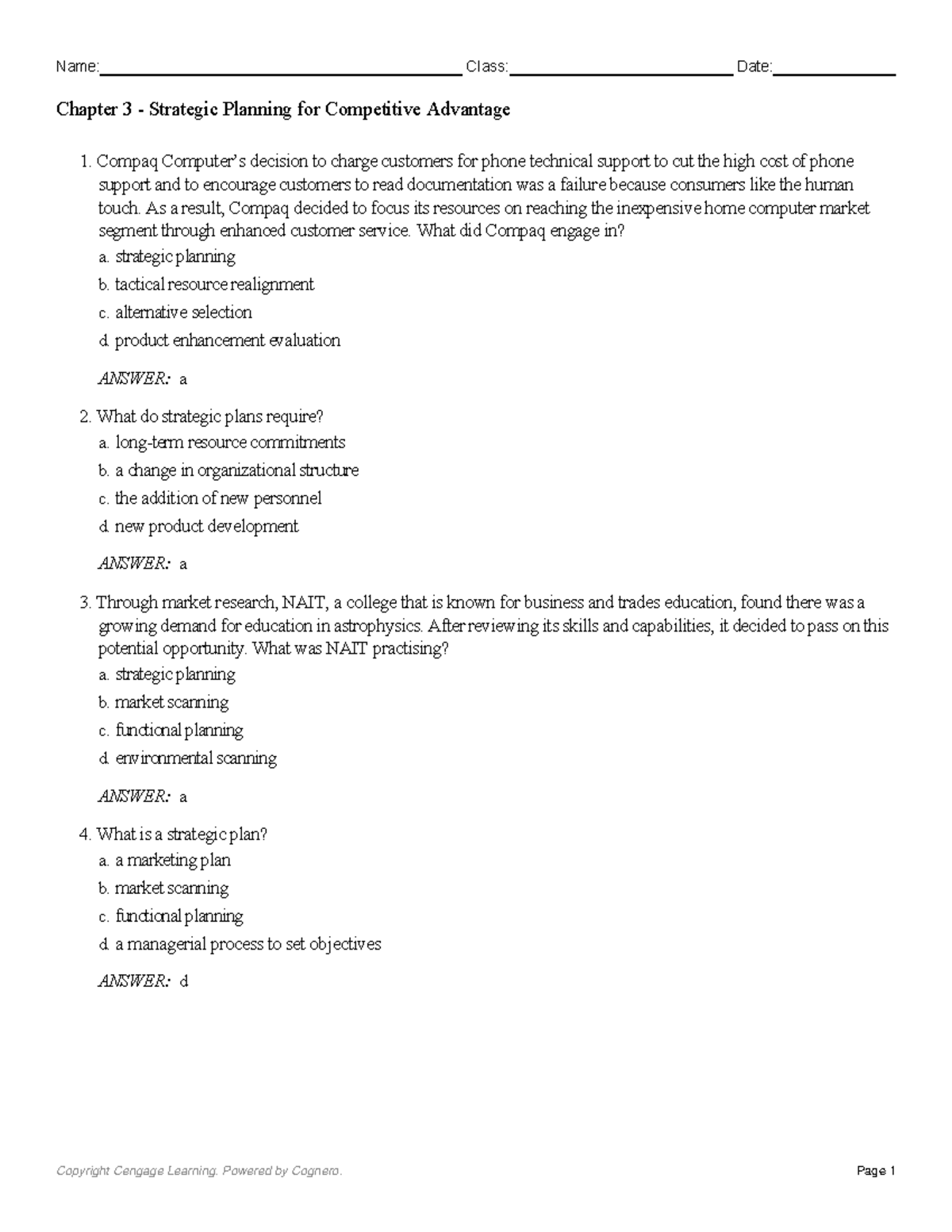 Chapter 3 - Strategic Planning Test Bank for Competitive Advantage ...